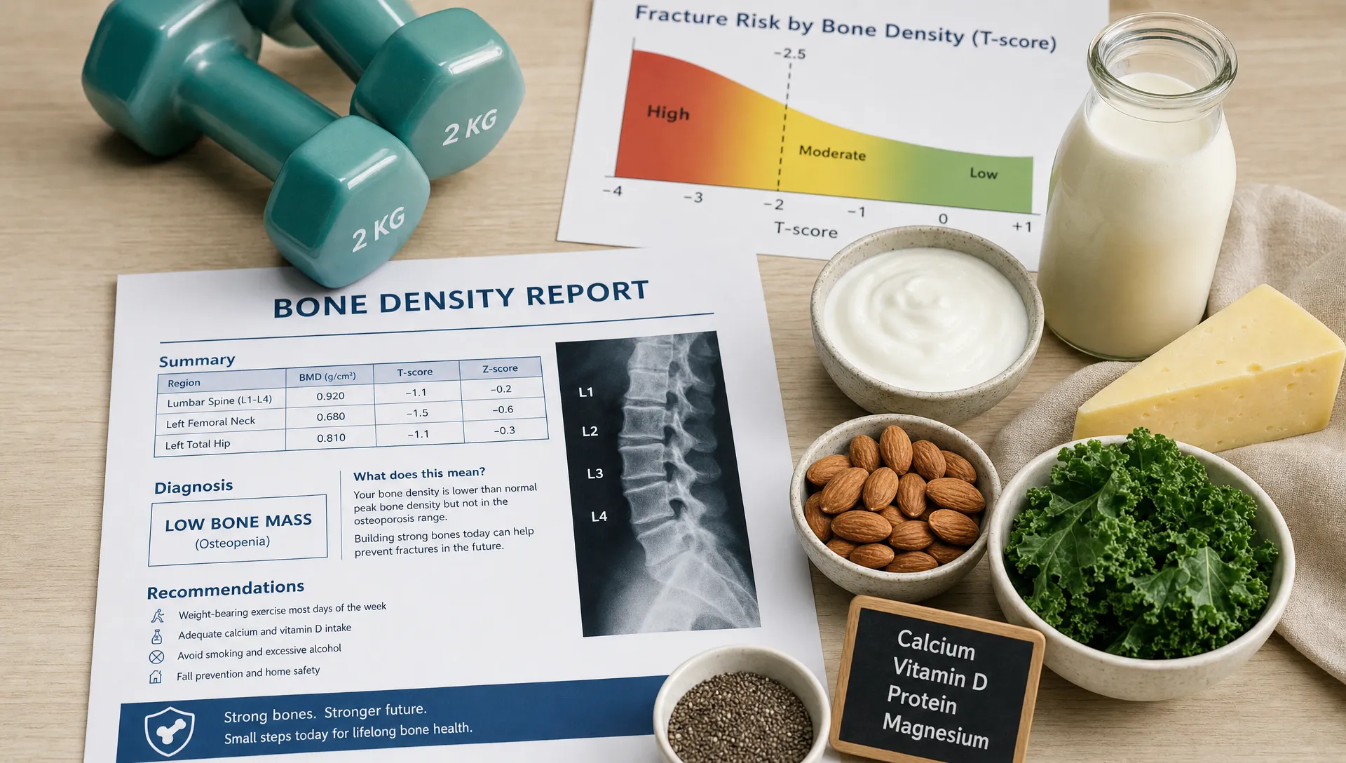 A close-up symbolic scene centered on a bone health concept: a pair of light hand weights beside a simple bone density report, with a small calcium-rich food arrangement and a subtle fracture-risk chart in the background, all laid out on a clean indoor surface with no people in frame. The composition should feel educational and preventive, with the bone health information as the clear hero element.