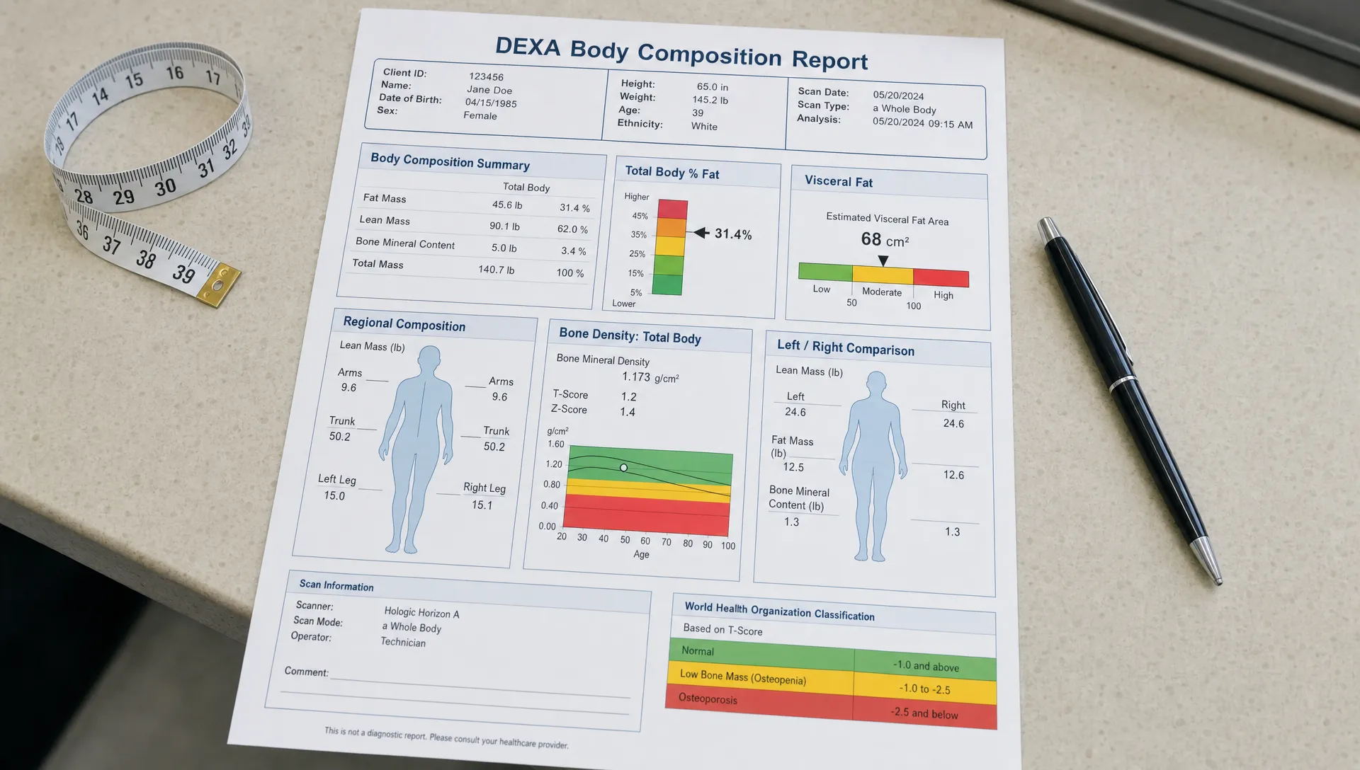 A printed DEXA body composition report laid out on a clinic counter beside a measuring tape and a pen, showing sections for fat mass, lean mass, bone density, visceral fat, and left versus right body comparisons.