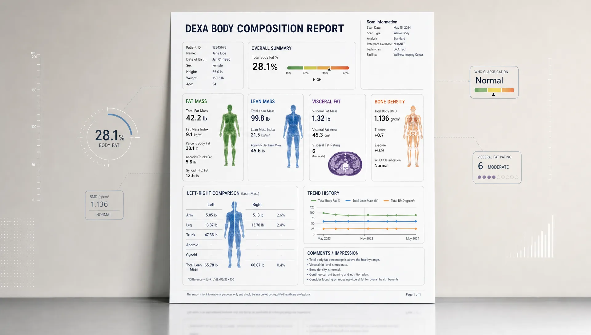 A clean conceptual scene centered on a layered DEXA report summary floating in a spacious neutral background, with separate readable sections for fat mass, lean mass, visceral fat, bone density, and left-right comparison, plus subtle measurement markers around it. No people in frame. The report should feel like the best single snapshot for interpreting body composition and deciding what matters next, with the document as the clear hero element.