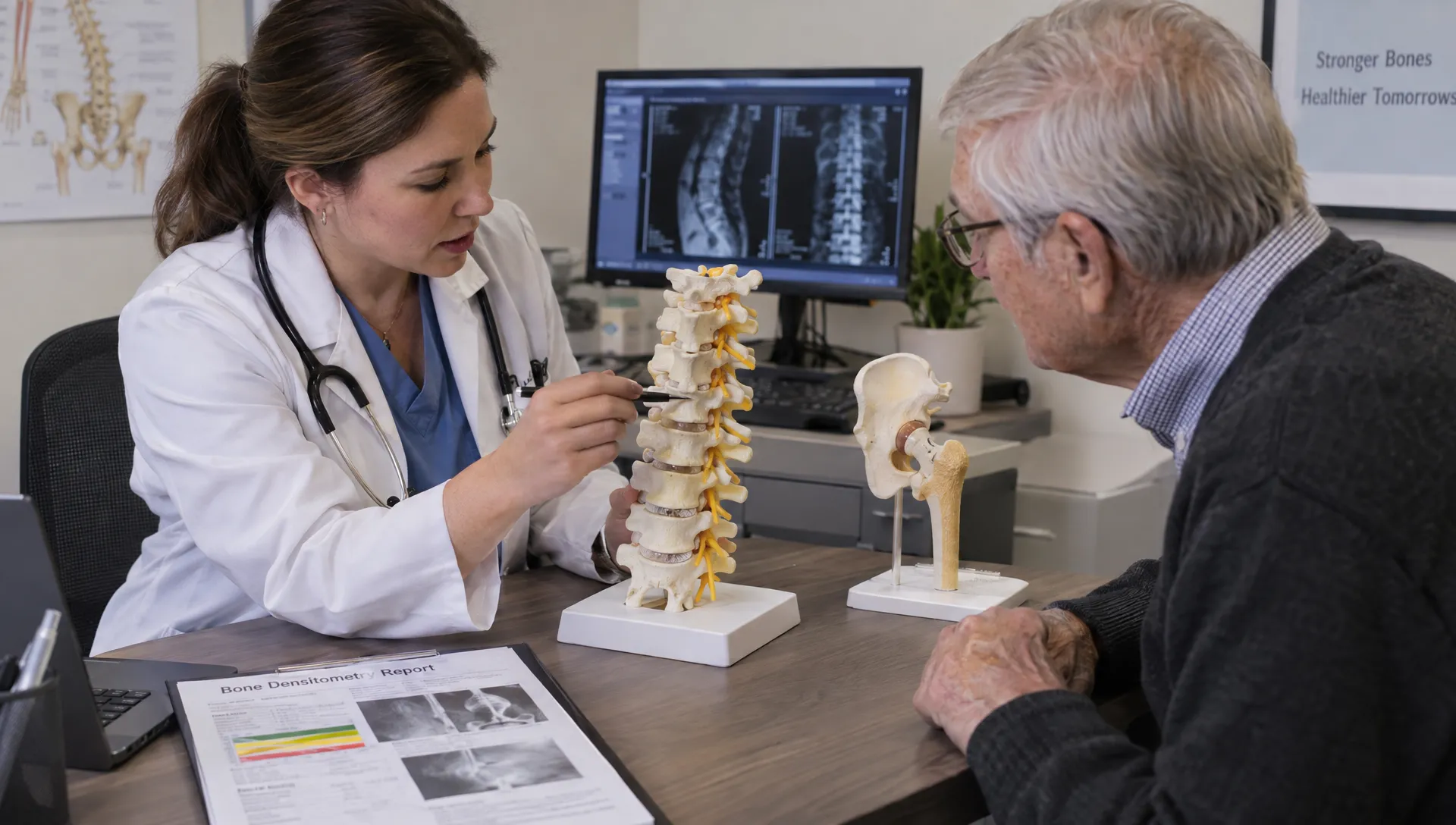 A clinician points out bone spurs on a lumbar spine model while discussing a bone densitometry report with an older adult; a hip model rests nearby.