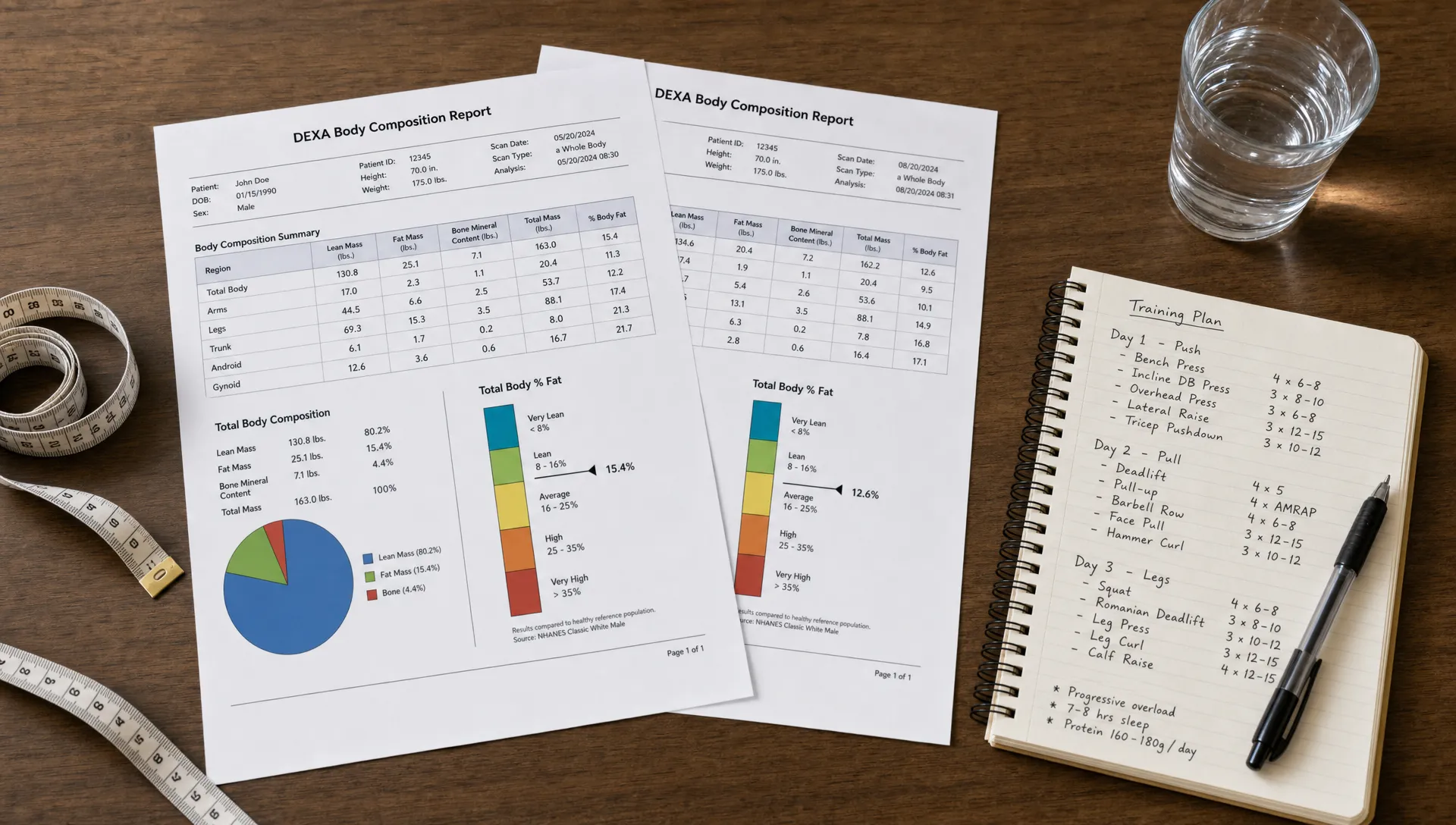 Two printed DEXA body composition reports sit beside a measuring tape, a notebook with training notes, and a glass of water on a desk.