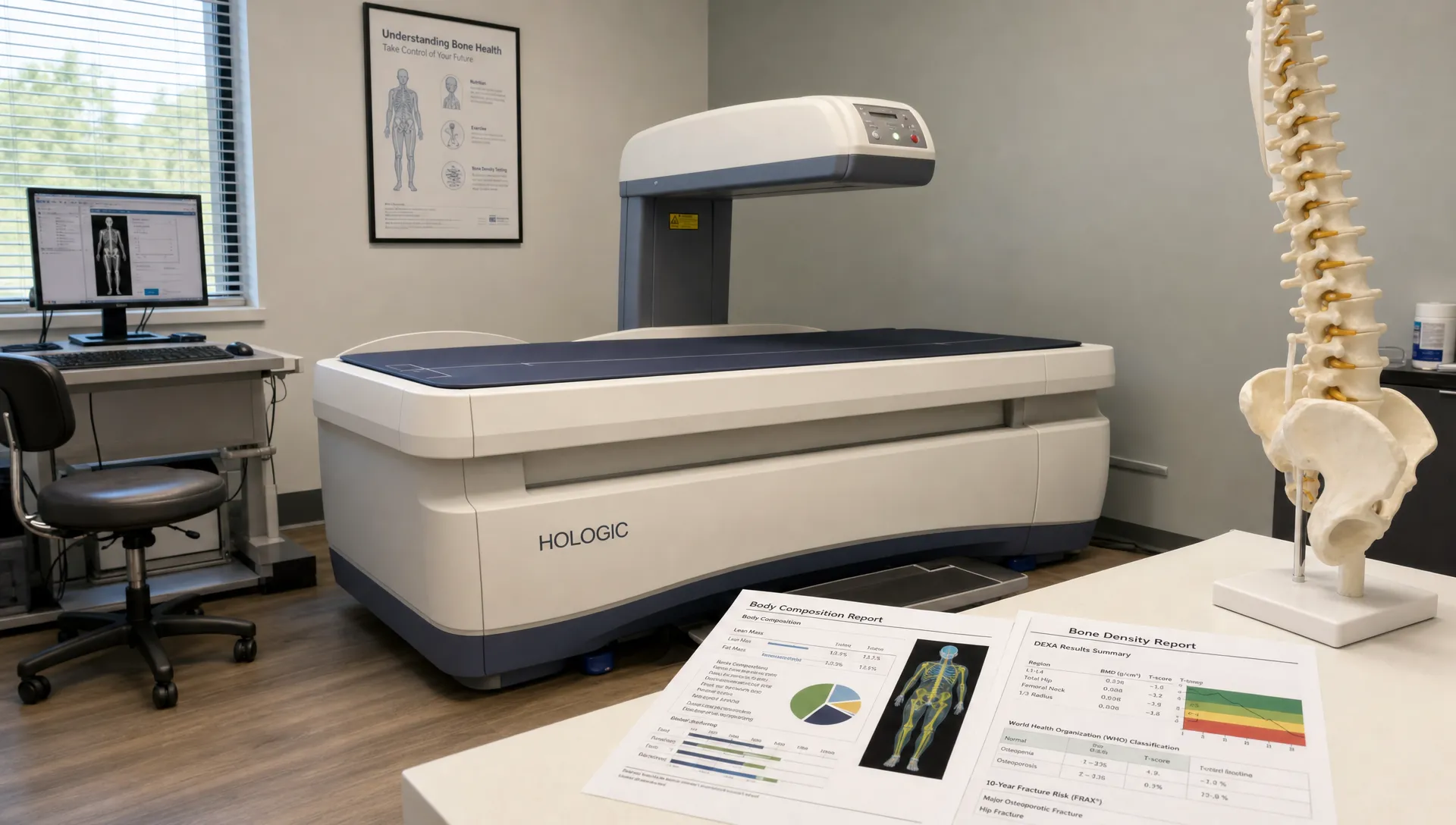 A DEXA scan table sits in a clinical room beside a bone model and printed body composition and bone density reports.