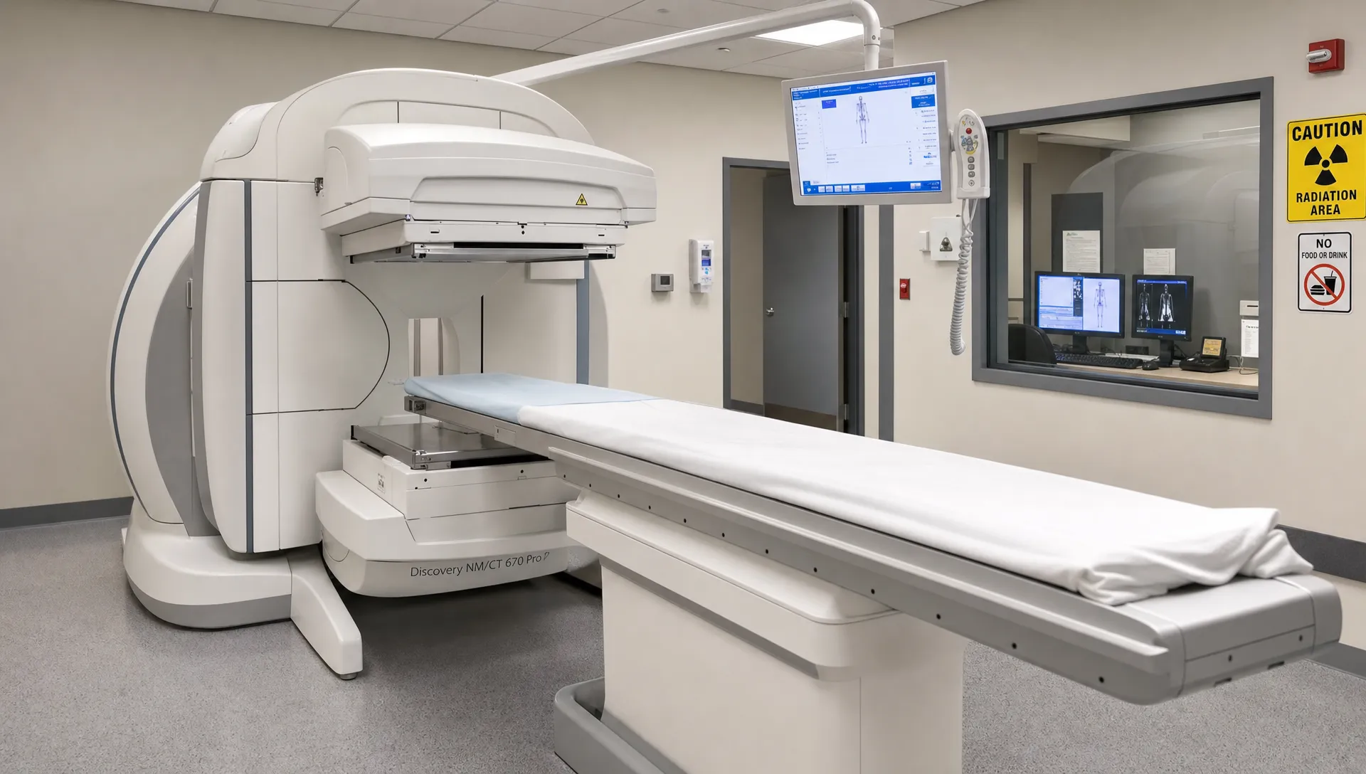Landscape interior of a radiology suite with a nuclear medicine bone scan camera and patient table as the clear focus, plus a control alcove and safety signage in the background. Empty room, clinical setting, wide eye-level view with equipment occupying most of the frame and a sense of whole-body skeletal imaging.