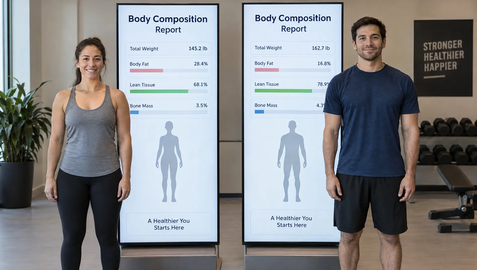 Two adults of similar height and build stand beside separate body-composition reports showing different proportions of fat, lean tissue and bone.