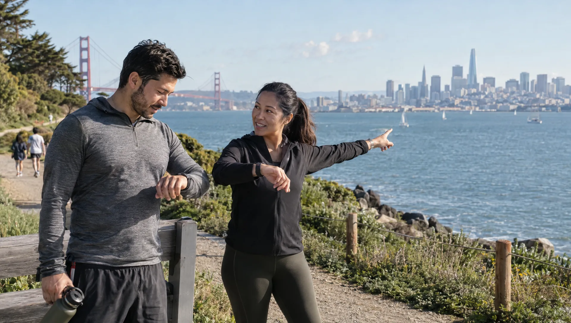 Landscape medium-wide scene at a San Francisco waterfront park, where two adults of similar build pause after a brisk walk and compare fitness trackers while talking about their different training routines. One holds a water bottle and the other gestures toward the hilly path; frame them against the bay and city shoreline, with the conversation and everyday activity as the focus.