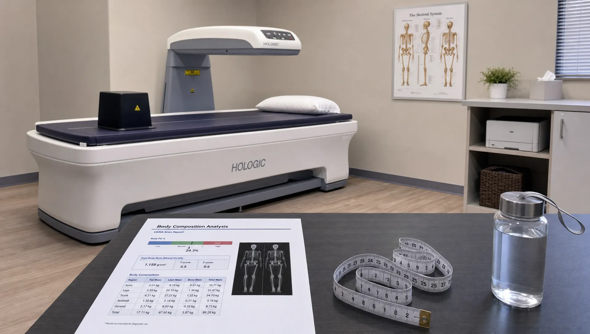 A DEXA scan room with the table, a report on a desk, a measuring tape, and a water bottle ready for a body composition assessment.