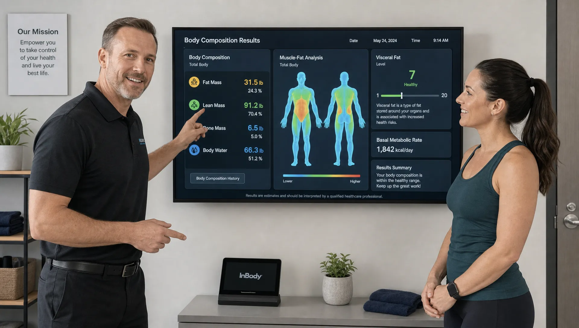 Medium landscape scene in a clean consultation room where an adult clinician and an adult client stand beside a wall-mounted monitor facing the camera, reviewing body composition results together with clear gestures toward fat mass, lean mass, and visceral fat. The monitor is the focal element, the people support the discussion, and the setting feels practical and reassuring for interpreting scan data and planning next steps.