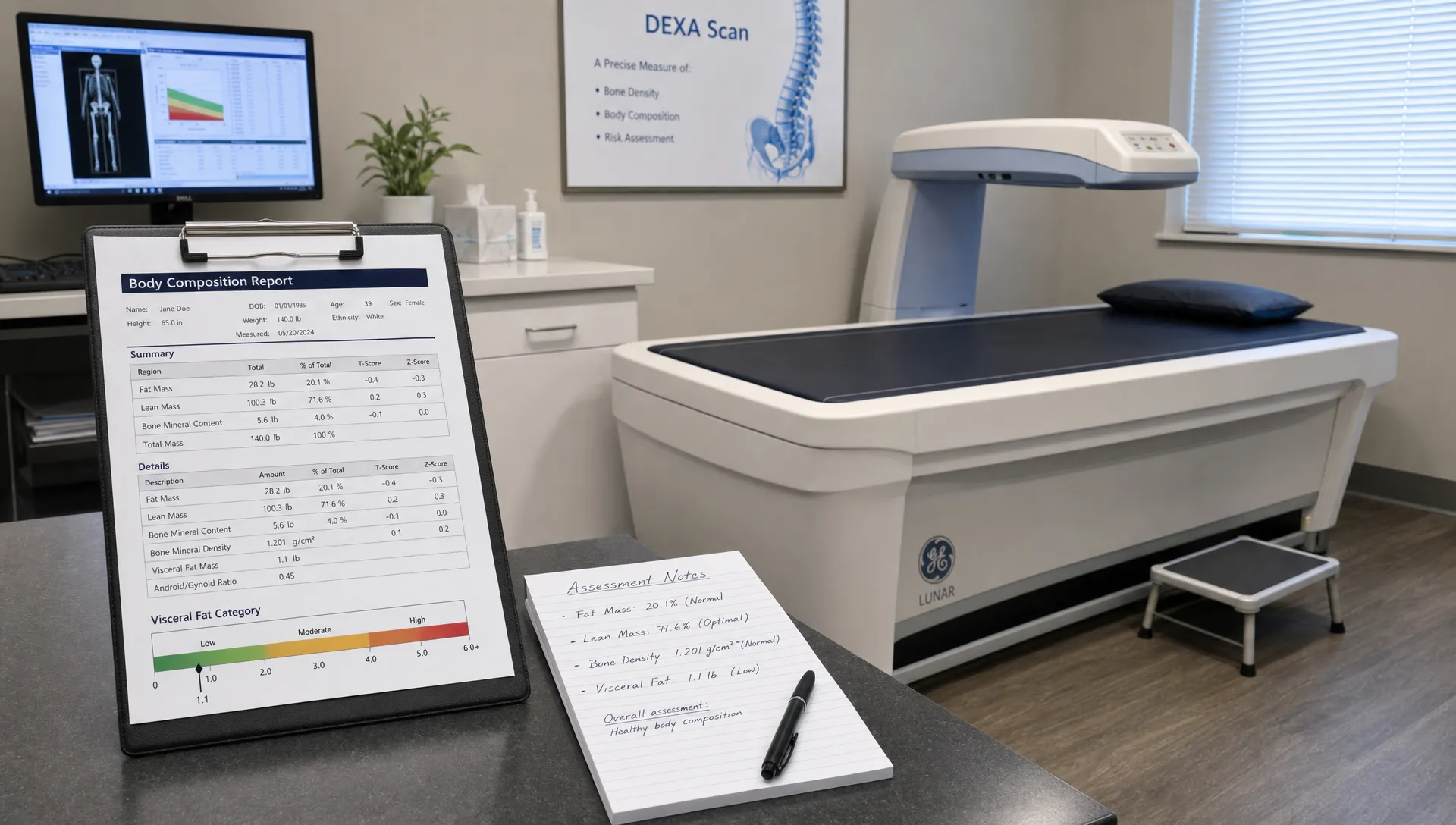A clean DEXA scan room with a scanning table, a body composition report on a clipboard, and assessment notes showing fat mass, lean mass, bone density, and visceral fat categories.