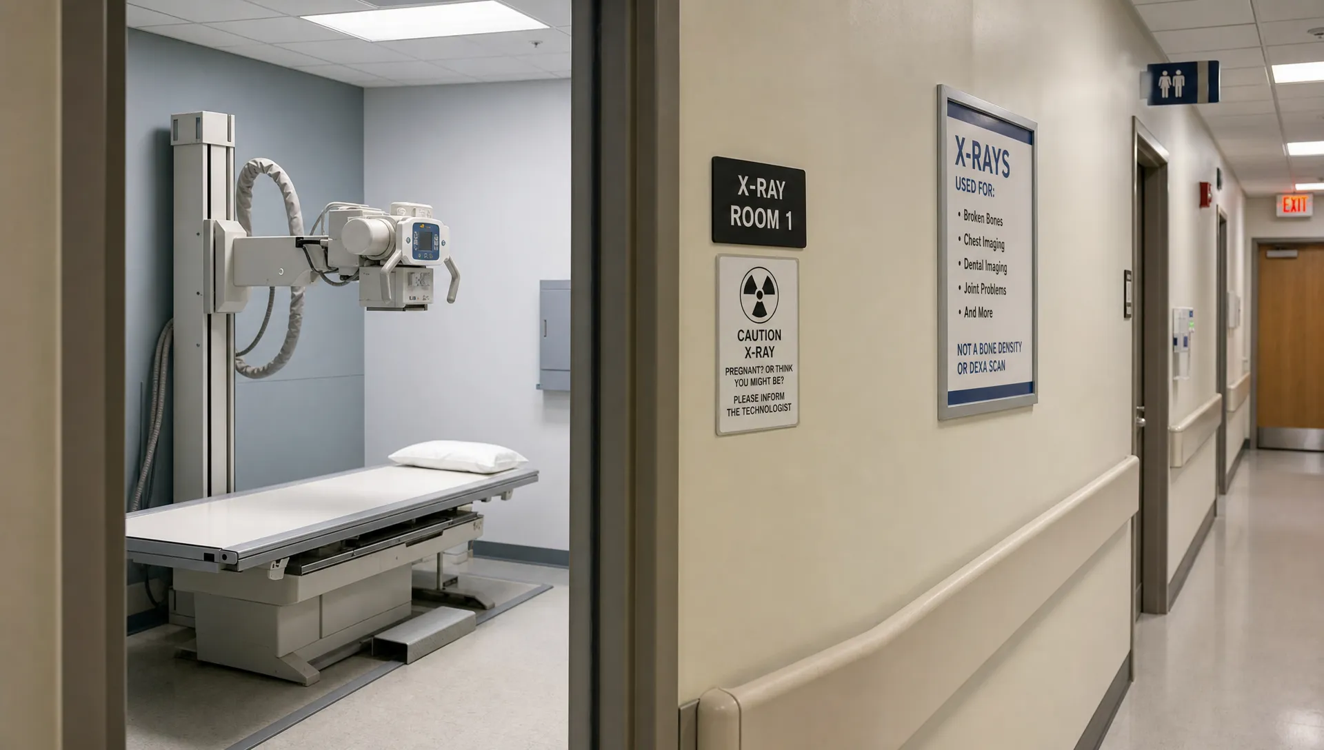 A quiet hospital radiology corridor with a conventional X-ray room visible through an open doorway, showing a wall-mounted X-ray unit and a blank examination table, with no people in frame. The scene should feel like a medical imaging setting for diagnosis rather than a body composition appointment, and include subtle context that this is not a DEXA body scan.