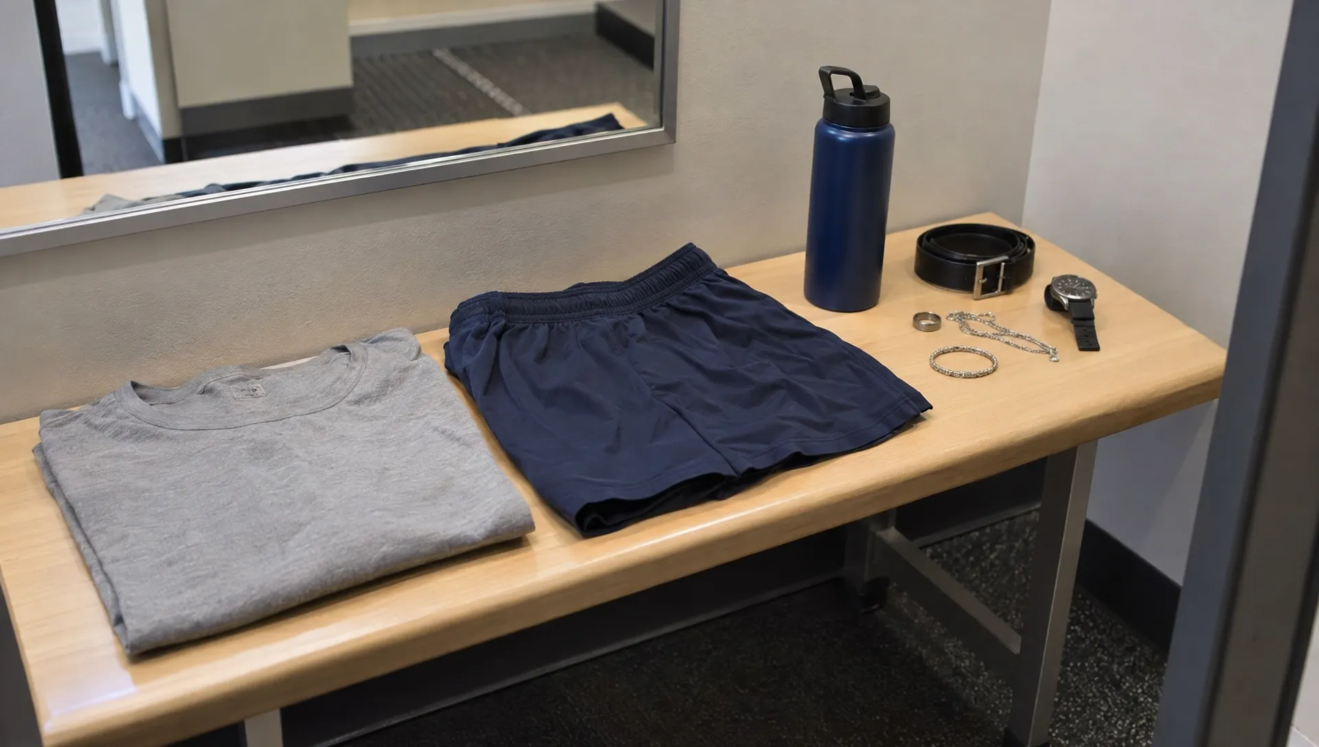 A plain T-shirt, metal-free shorts, and water bottle sit on a clinic changing-room bench beside a watch, belt, and jewelry set aside before a body fat percentage scan.