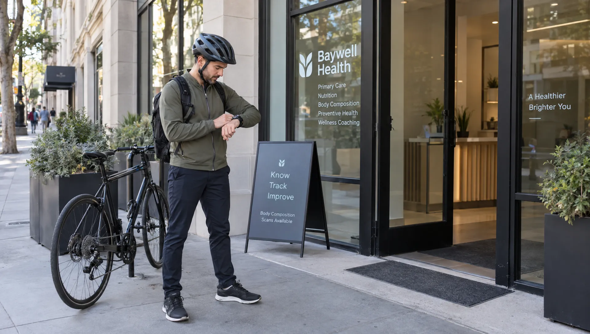 Landscape medium-wide scene outdoors on a San Francisco sidewalk near a clinic entrance: an adult arrives after a brisk bike commute, pauses beside a parked bicycle, and checks the time before heading inside for a body fat percentage scan. Keep the person fully visible, with the bicycle and storefront entrance defining the everyday arrival moment.
