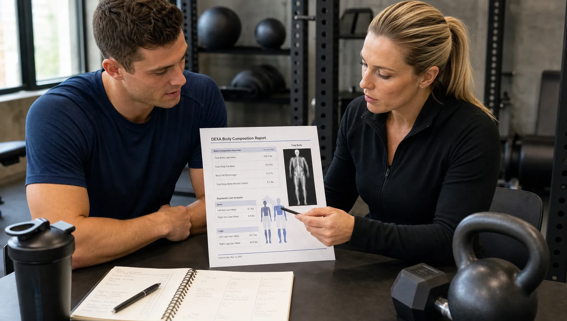 An athlete and a fitness professional review a DEXA body composition report with left and right arm and leg lean mass values beside a training notebook and gym gear.