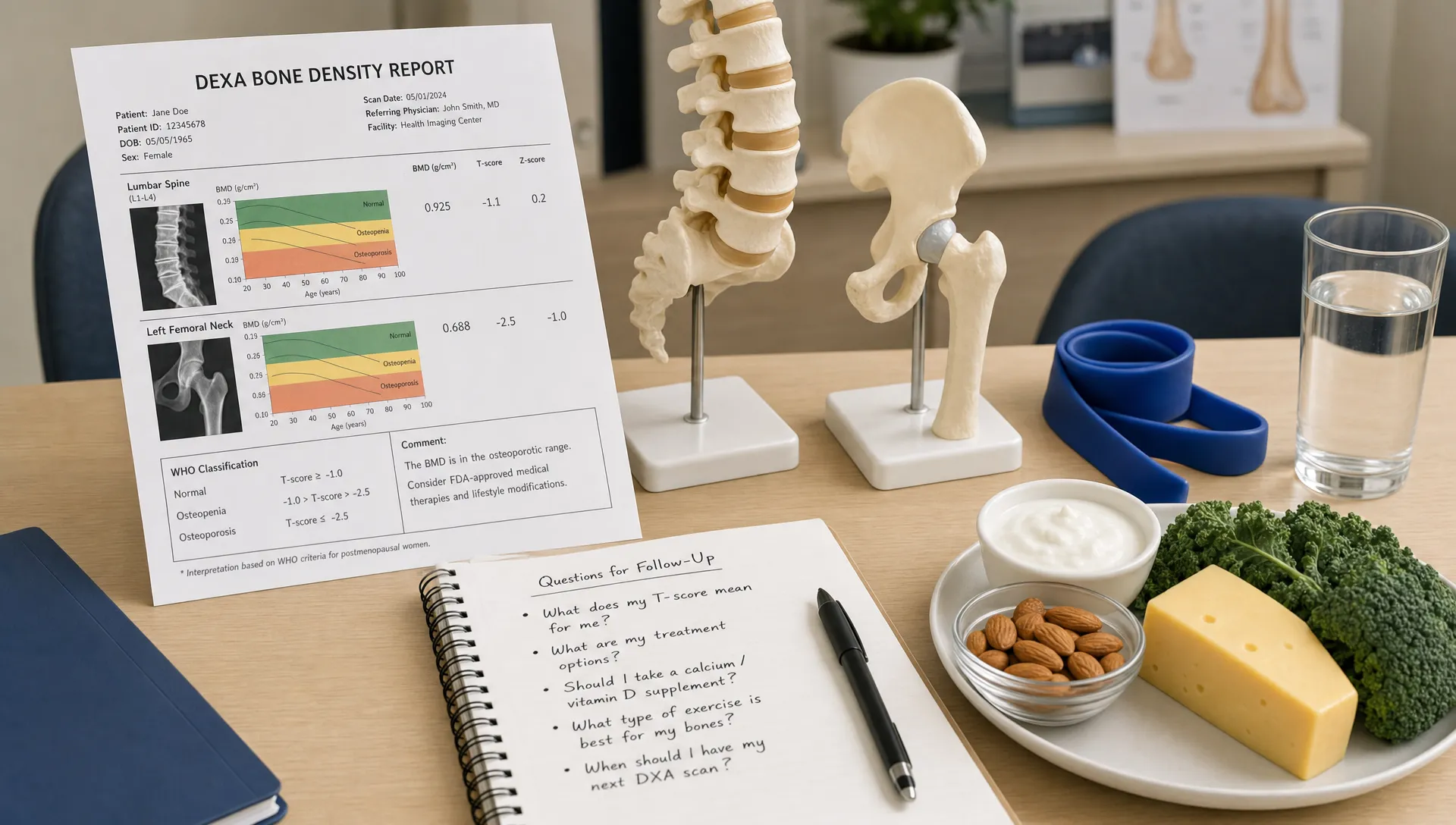 A consultation table with a DEXA bone density report, a hip and spine model, a notebook of follow-up questions, calcium-rich foods, and a resistance band.