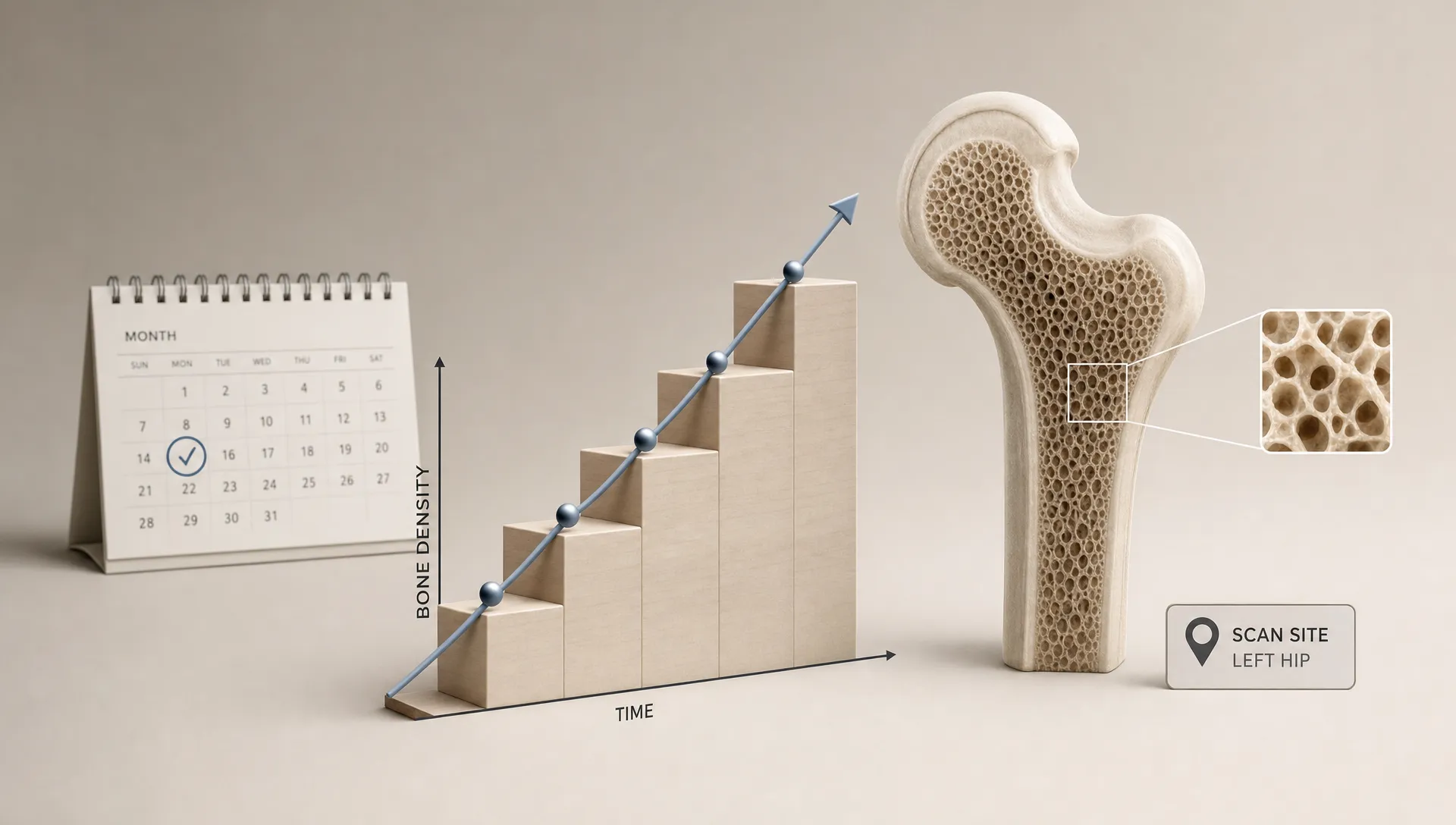 Landscape conceptual scene of a single staircase-like graph rising beside a simplified bone cross-section and subtle reference markers, with a small calendar cue and a faint scan-site label motif in a spacious neutral background; no people, no desk, and the measurement idea is the clear focal point. Use the same neutral medical look as the site’s other images, in a calm conceptual setting.