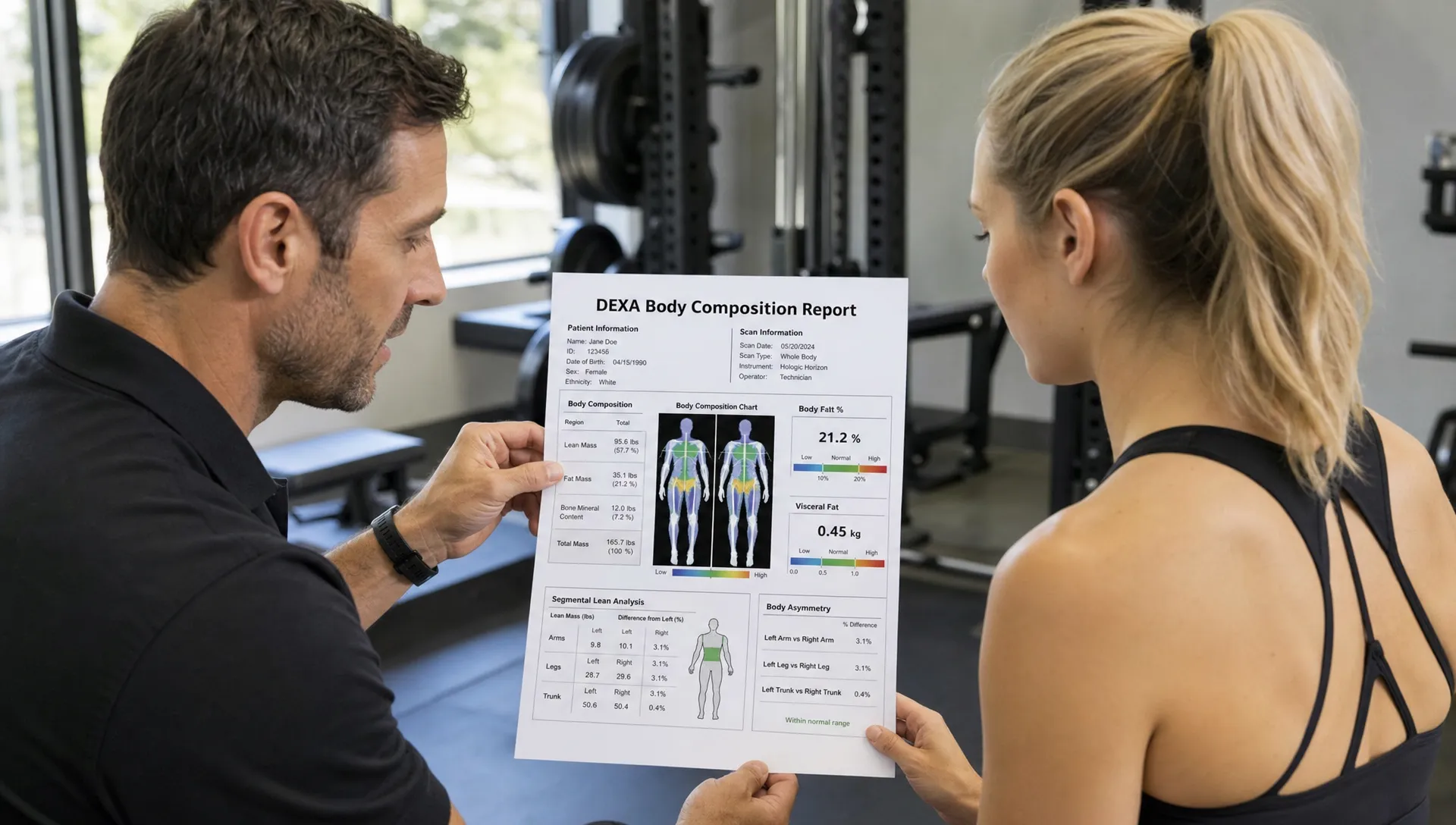 A coach and athlete review a DEXA body composition report beside gym equipment, with highlighted lean mass, body fat, visceral fat, and asymmetry sections.