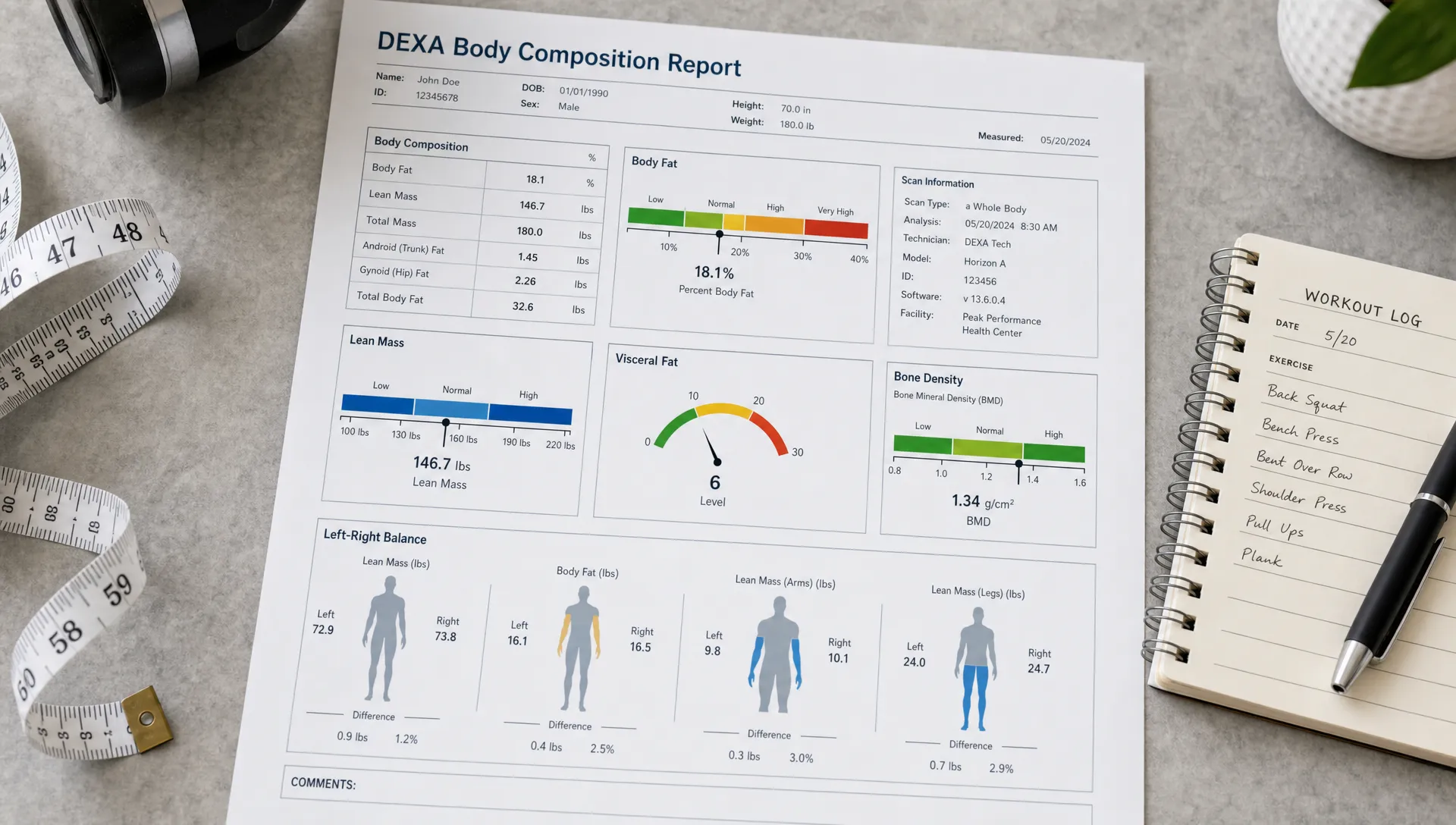 A clean DEXA body composition report laid out on a clinic desk showing sections for body fat, lean mass, visceral fat, bone density, and left-right balance, with a tape measure and training notebook nearby.