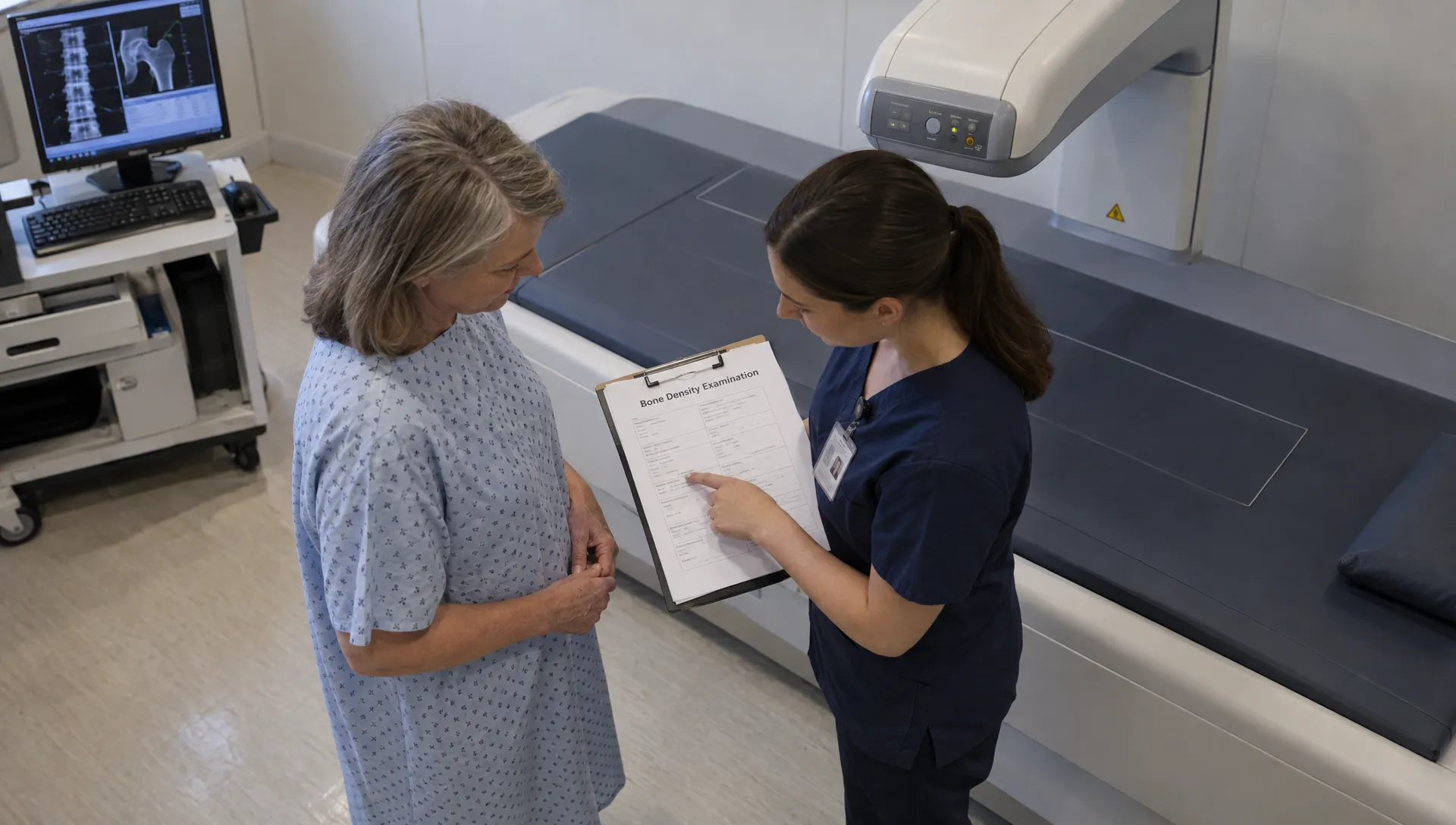 Seen from above, a patient and imaging technologist review a bone density examination order beside the padded DEXA table, with the scanner arm poised overhead.