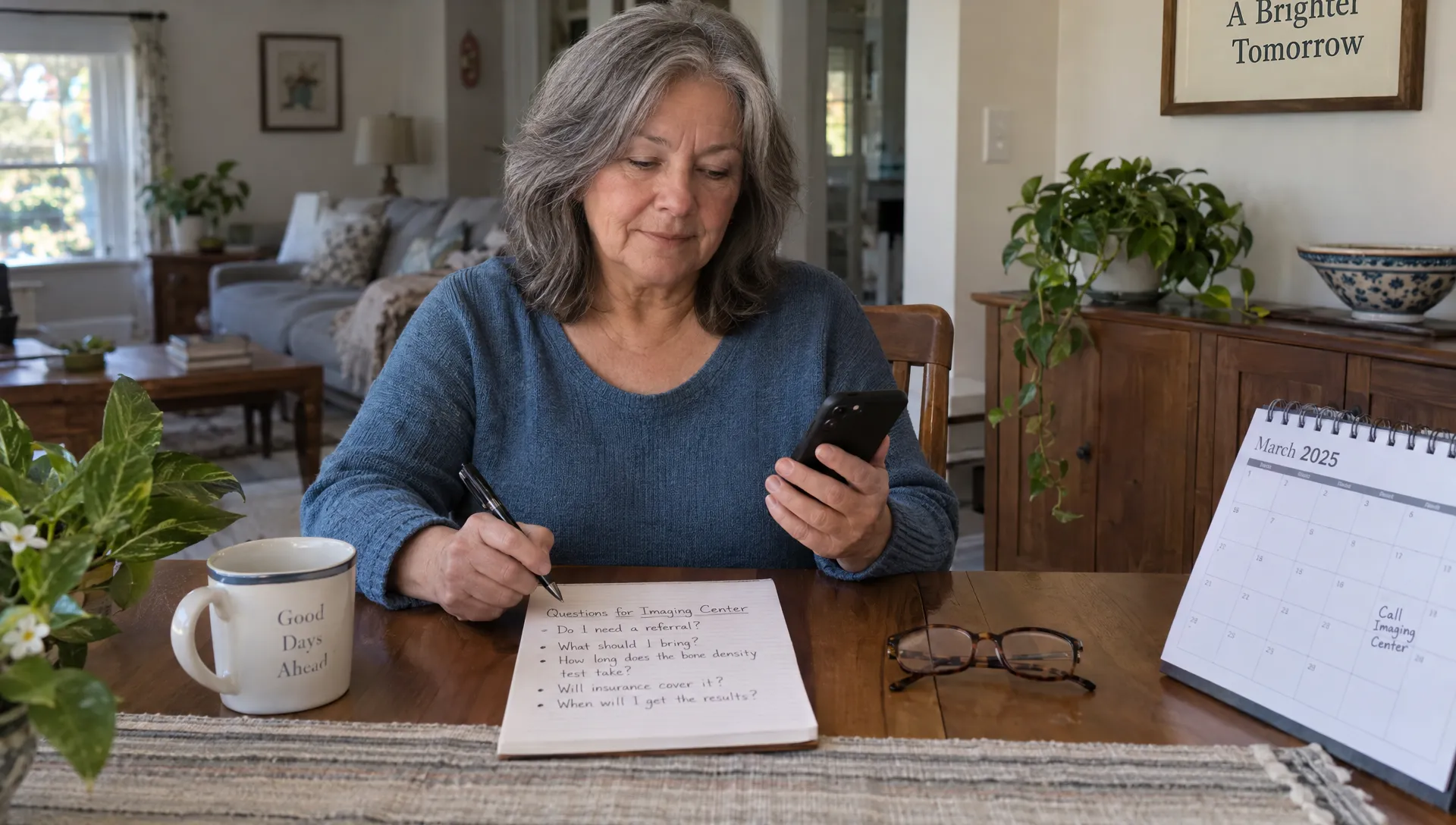 Landscape medium-wide eye-level scene at a home dining table where an adult prepares to call an imaging center, holding a phone while checking a handwritten list of questions about a bone density test. A calendar, reading glasses, and a mug sit naturally nearby; the person is fully visible in a lived-in home setting, with the tabletop activity in the foreground.