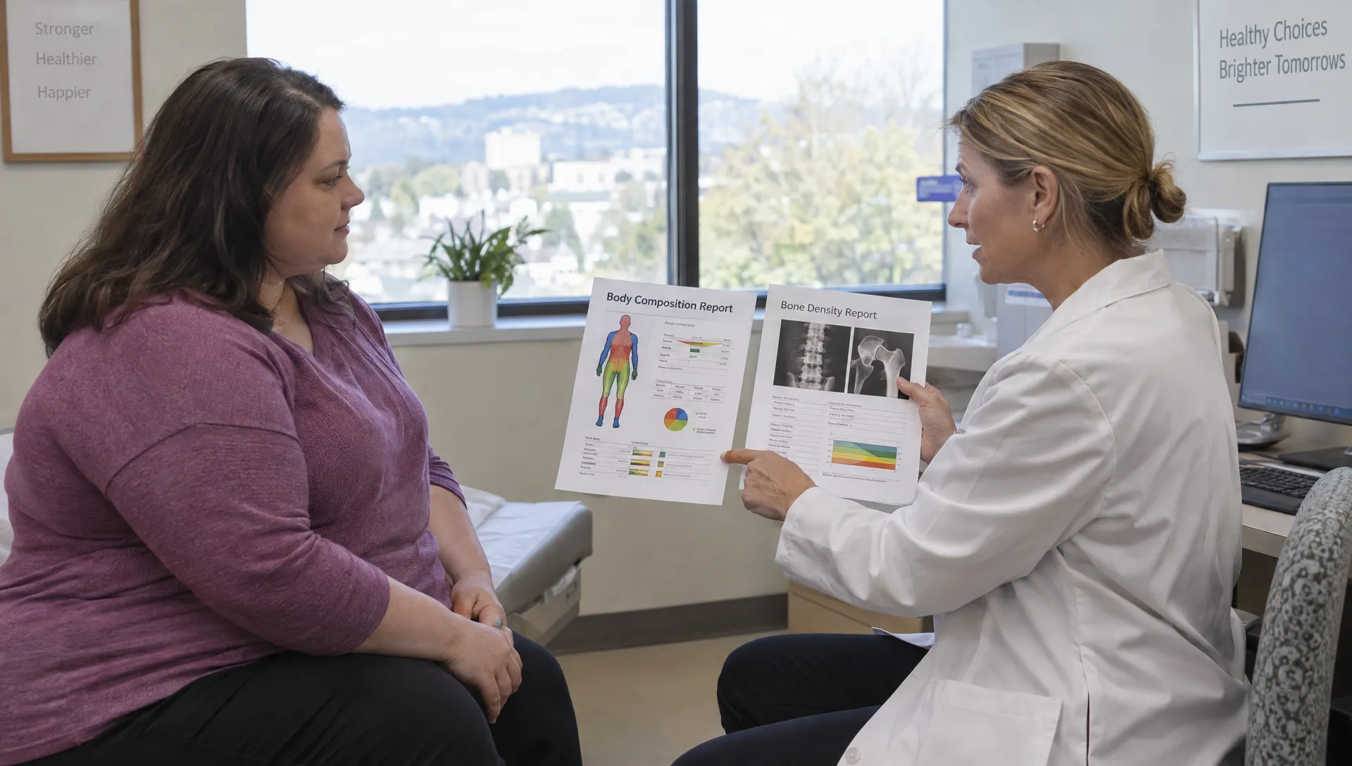 A clinician reviews separate body composition and hip-and-spine bone density reports with a bariatric surgery patient.