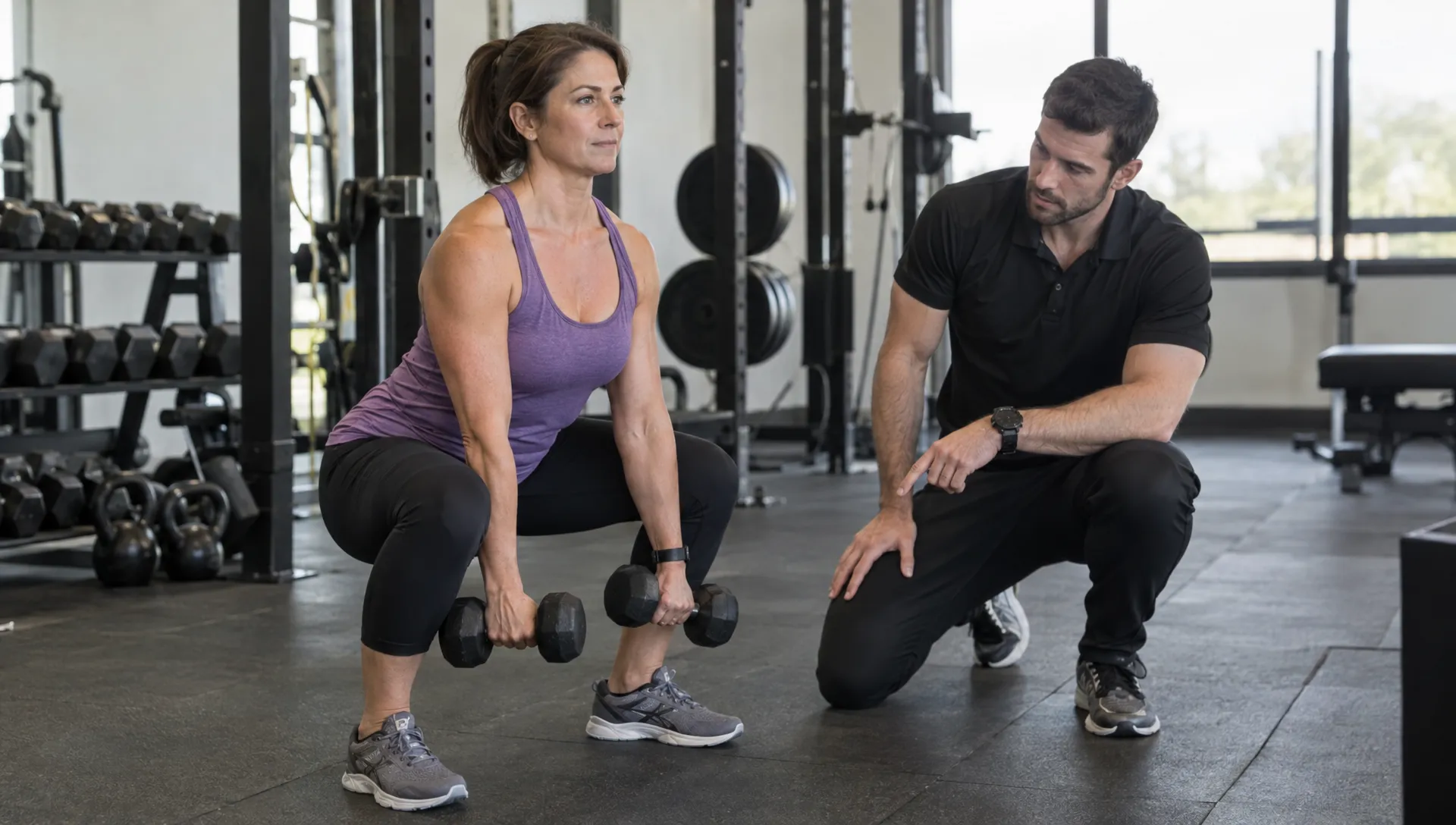 A midlife woman performs a controlled dumbbell squat while her trainer observes her form, showing strength training that can support lean tissue during menopause.