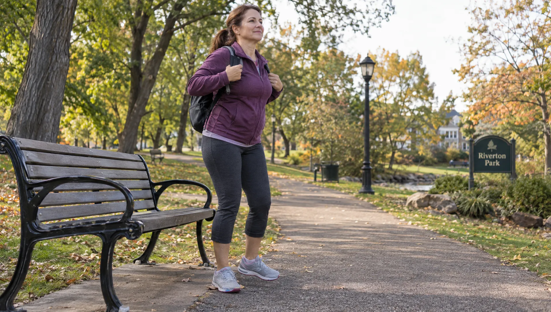 Landscape low-angle medium-wide scene in a neighborhood park, showing a midlife woman rising from a public bench after a walk and adjusting the straps of her daypack. Keep her full figure visible, with the bench, path, and surrounding park in view; the moment conveys everyday movement and physical function rather than a staged workout.