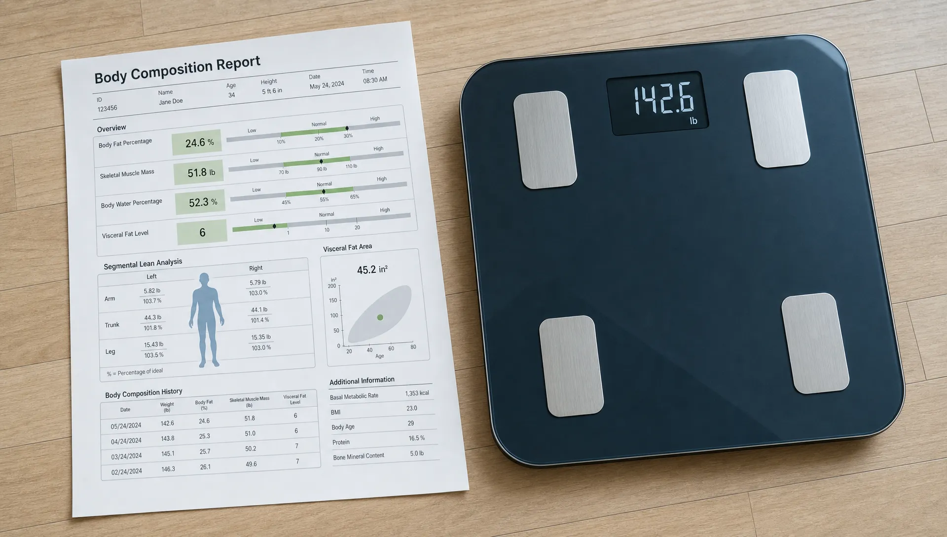 A bathroom scale sits beside a printed body composition report showing body fat, lean mass, visceral fat, and left-right muscle balance.