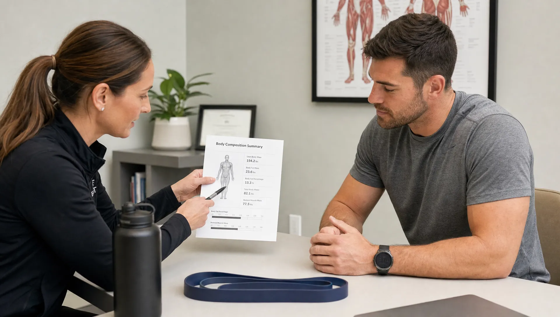 Landscape scene in a quiet clinic office where an adult athlete reviews a body composition scan summary with a clinician, with a resistance band and water bottle on the table and a wall-mounted anatomy print in the background. Medium eye-level composition, the report and conversation are the focus, with the seated pair arranged naturally around the table in a neutral medical setting.