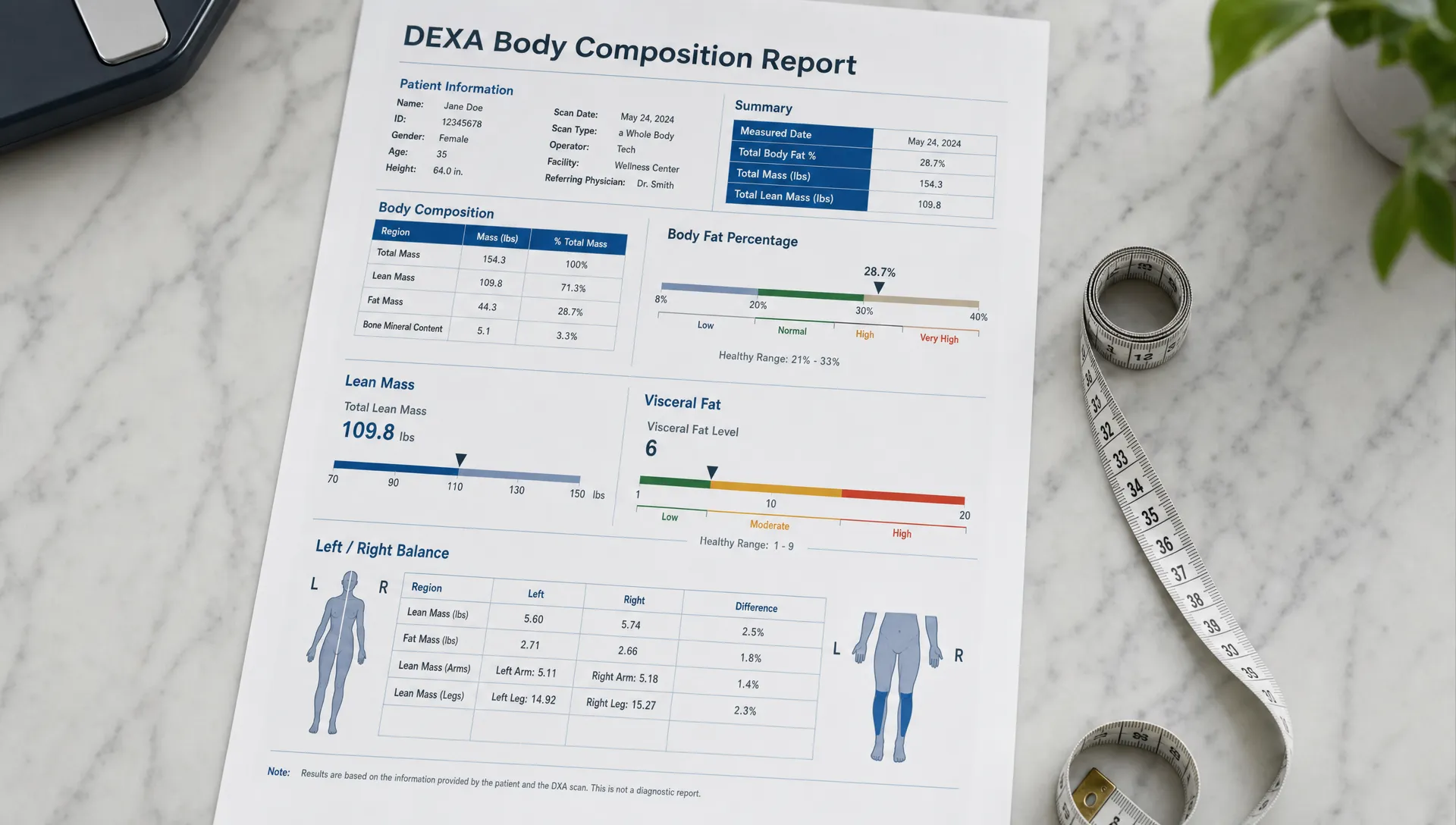 A DEXA body composition report on a clean table beside a measuring tape, with clearly marked sections for body fat percentage, lean mass, visceral fat, and left vs. right balance.