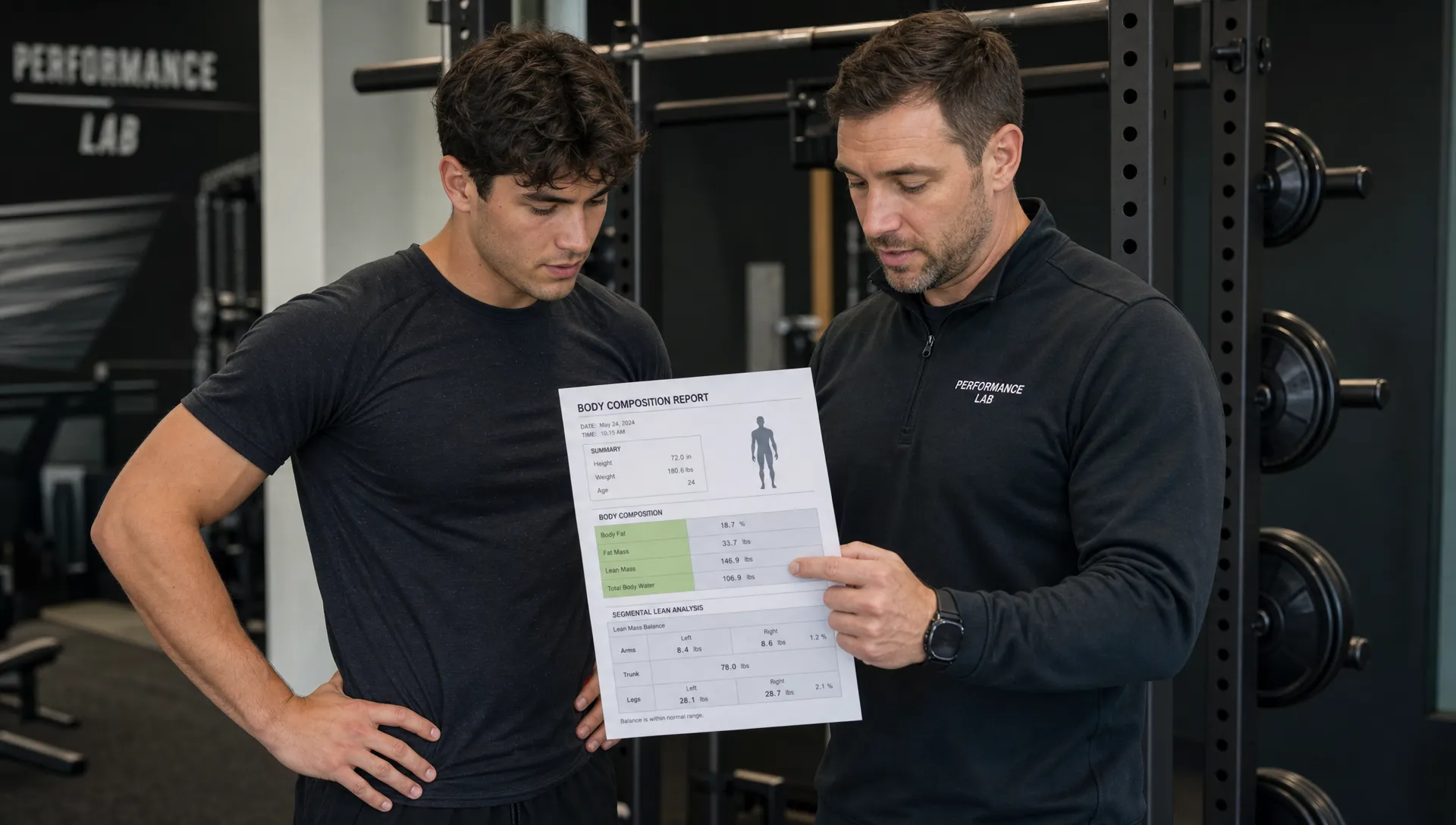 An athlete and coach reviewing a printed body composition report beside a squat rack, with highlighted sections for body fat, lean mass, and left-to-right balance.