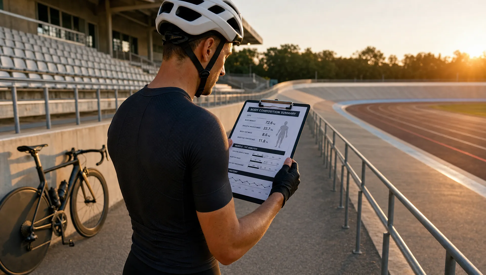 A cyclist in training gear standing on a quiet trackside walkway at sunrise, checking a body composition summary on a clipboard while a bike leans nearby, with open stadium seating and lane markings in the background. The scene should suggest performance tracking, muscle and fat changes, and athletic decision-making without showing a scan room or desk setup.