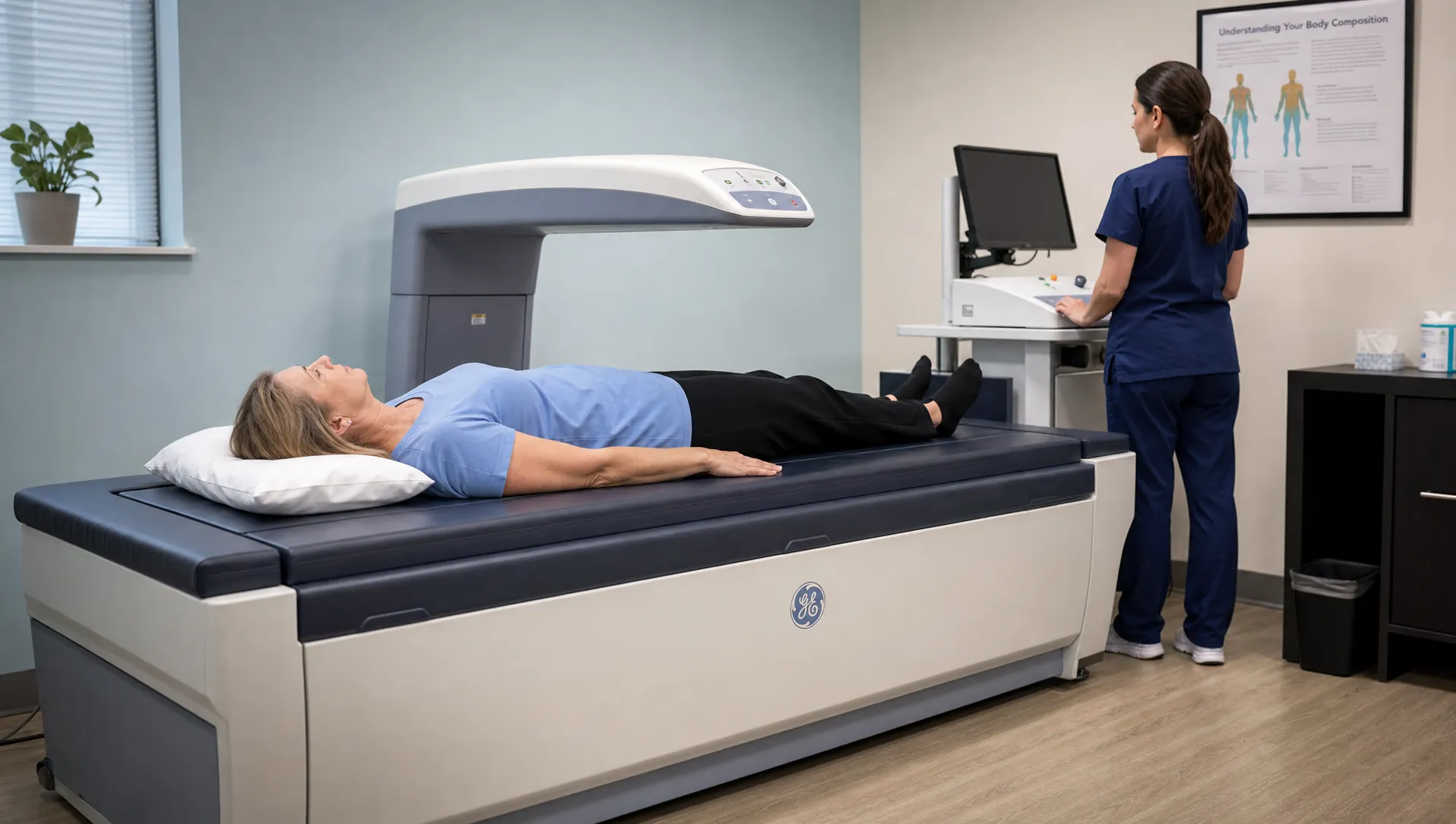 Landscape medium-wide scene inside a DEXA scan room where an adult client lies still on the padded table while a technician stands at the scanner console, with the scanner arm extended over the body and the monitor angled away so only the room and equipment are visible. The table, arm, and technician create a realistic moment of body composition testing in progress, with the rest of the clinical room softly present in the background.
