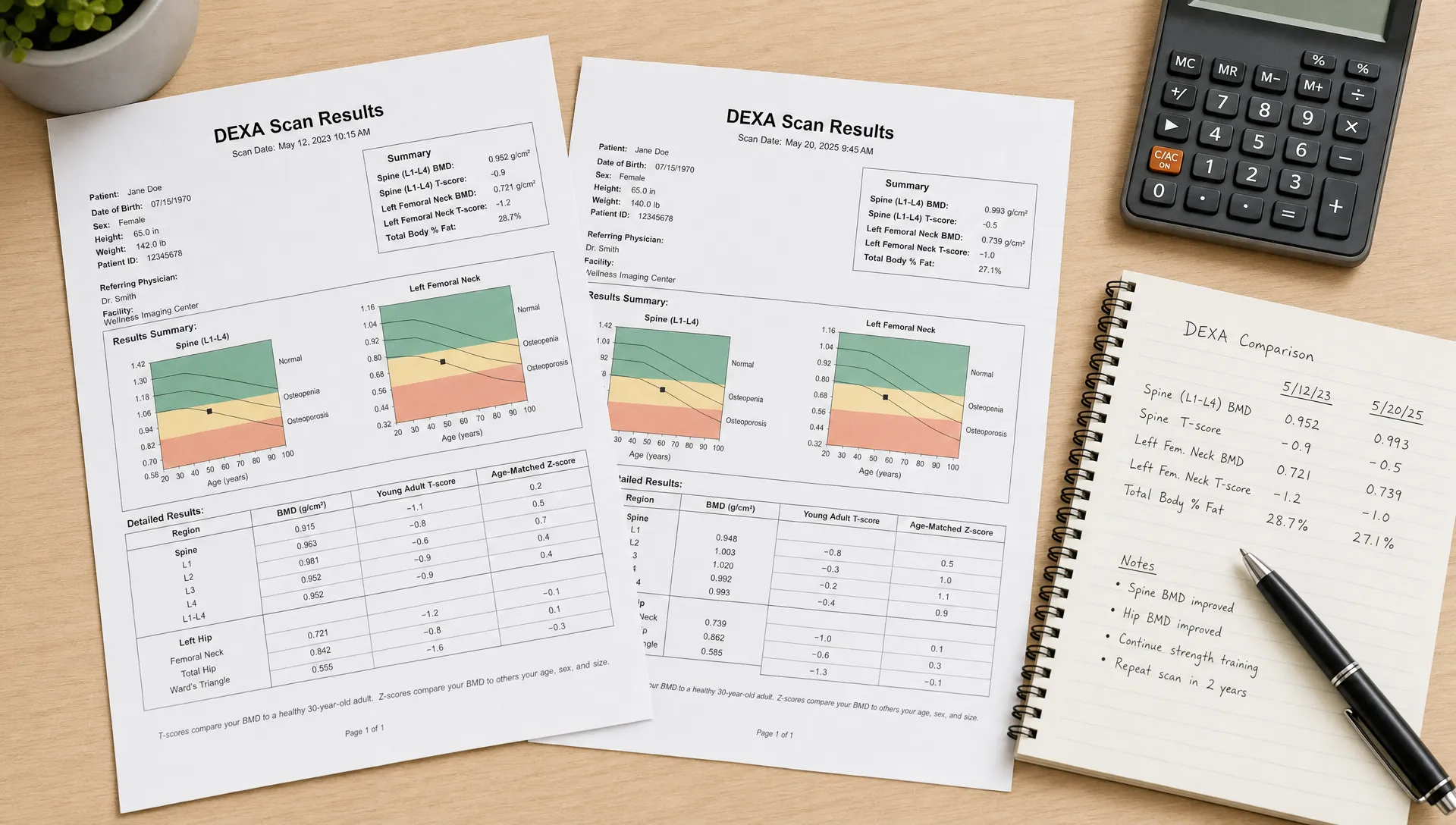 Landscape close-up of two DEXA result printouts with different scan dates, one slightly overlapping the other, with a calculator, a pen, and a simple notebook of comparison notes on a clean desk; the reports are the hero element and the layout clearly supports scan-to-scan comparison in a quiet indoor workspace.