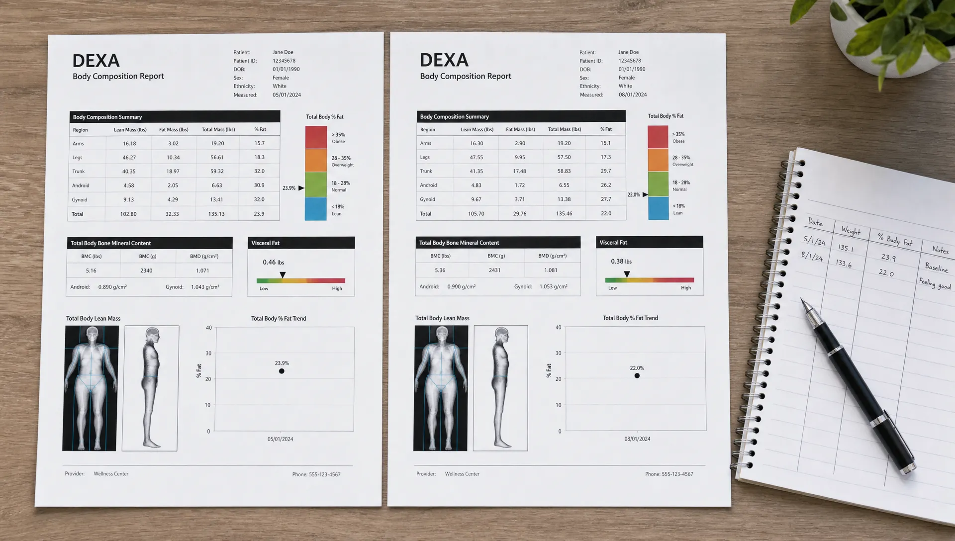 Two DEXA body composition reports lie side by side on a desk with a pen and notebook for recording changes.