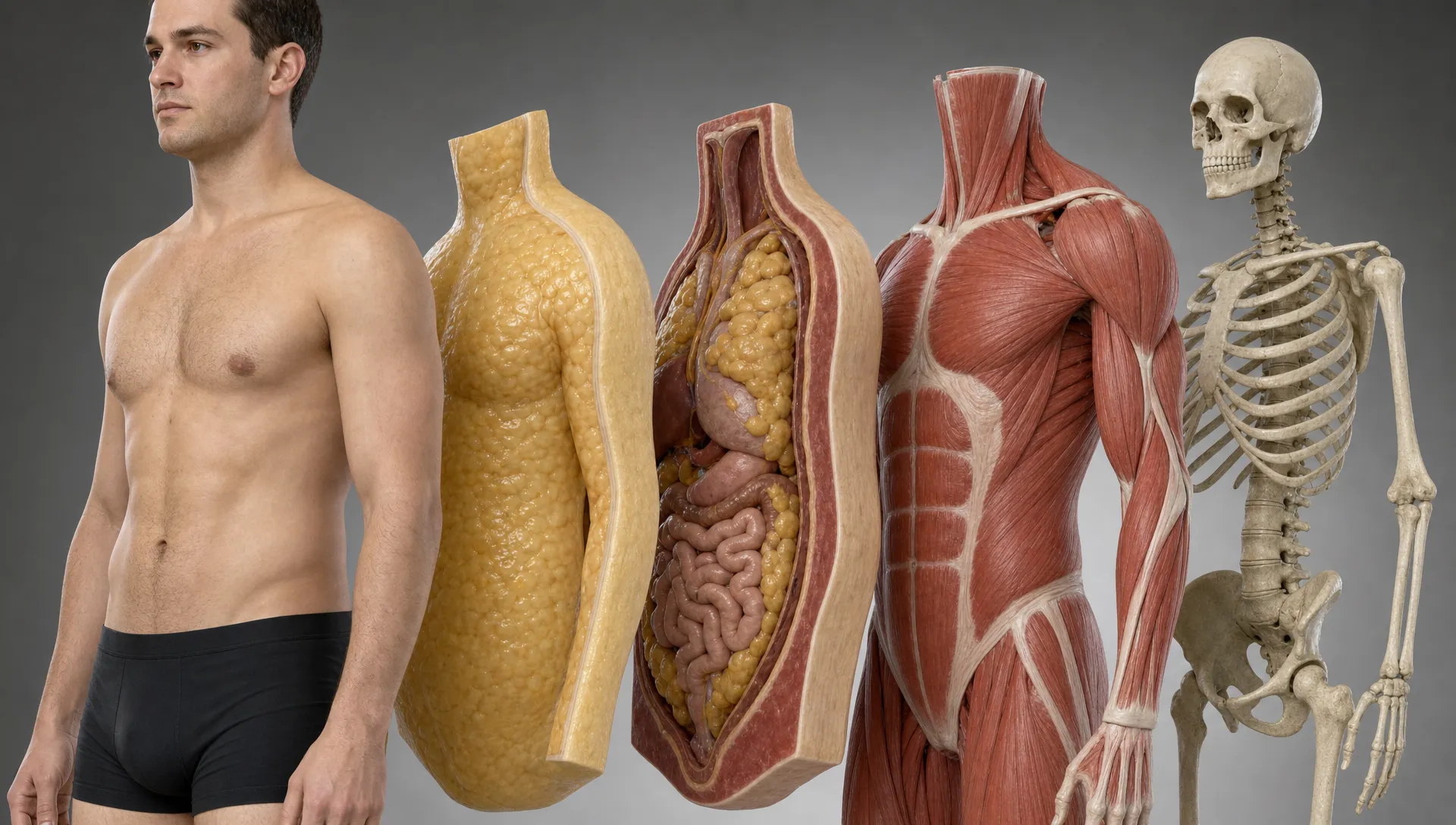 An anatomical body composition diagram shows subcutaneous fat, visceral fat, muscle and bone in separate layers.