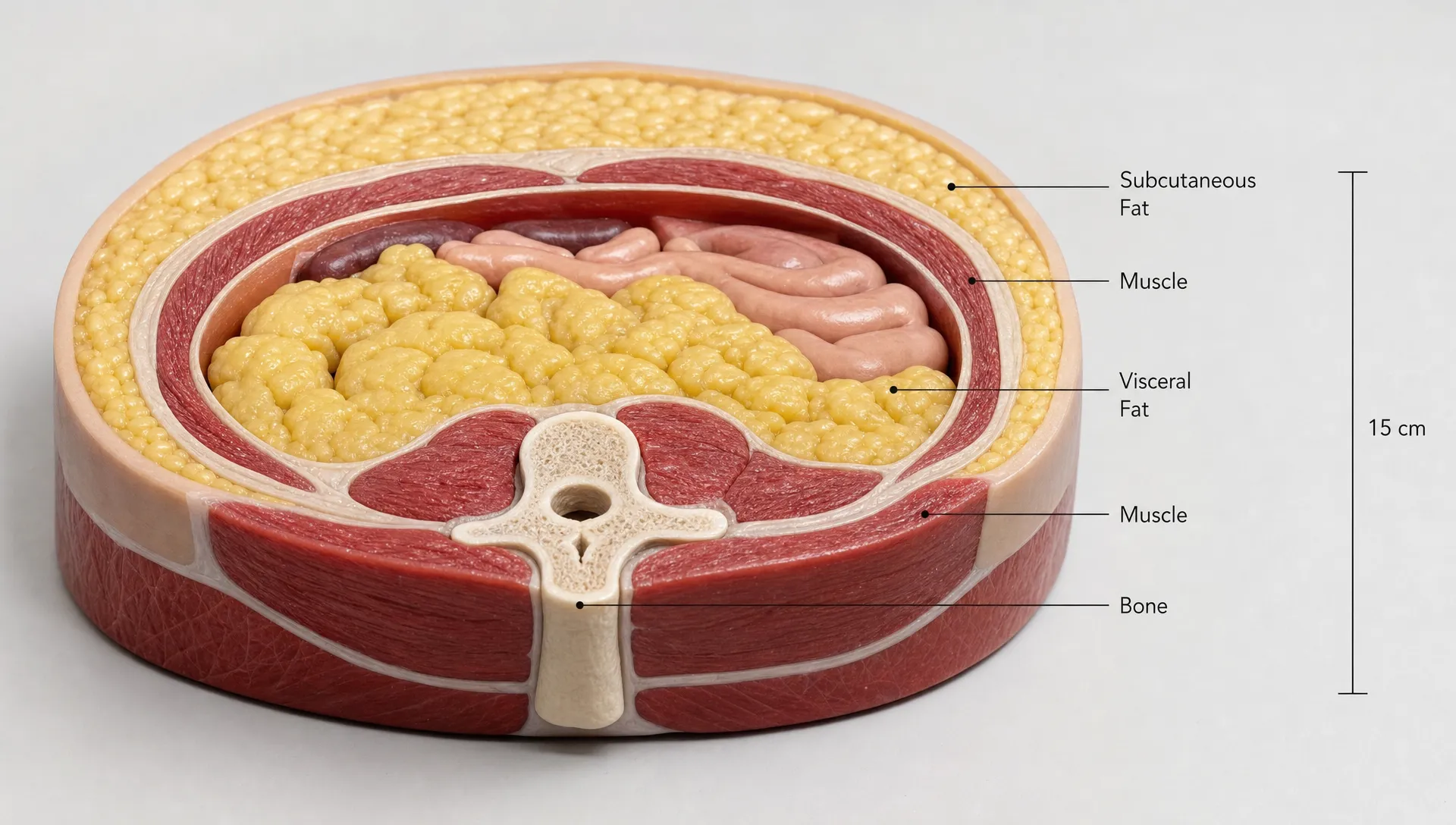 Landscape close-up of a cross-section body composition model on a clean neutral surface, with a layered torso slice showing subcutaneous fat, deeper visceral fat around the abdomen, muscle bands, and a small bone segment, plus subtle measurement marks and labels for tissue layers. No people in frame. Keep the object as the hero element and let the surrounding space feel sparse and clinical.