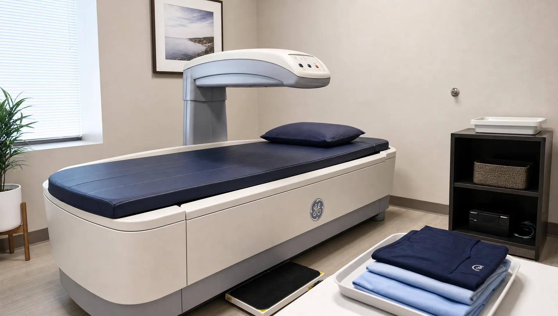 A DEXA scan room shows a padded table, scanner arm, folded metal-free clothing, and a tray for personal items.