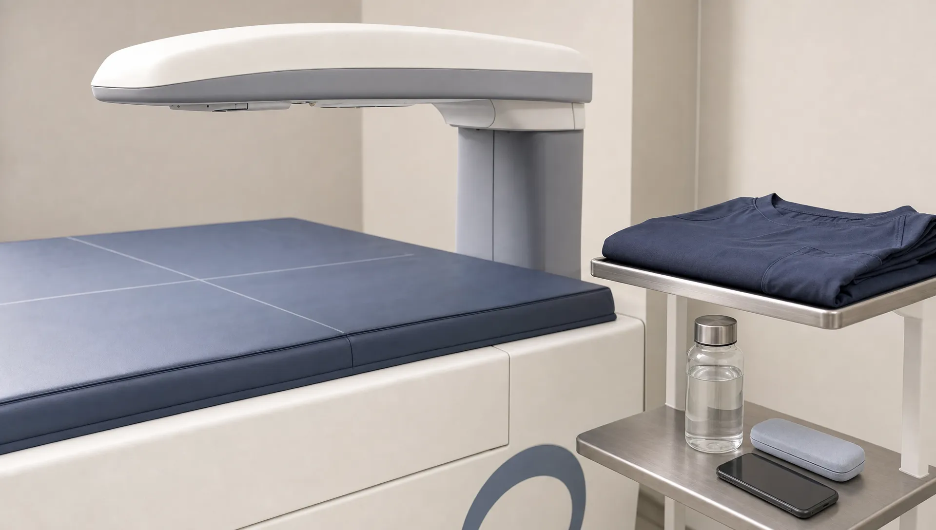 Landscape close-up of a compact DEXA scan setup: the padded table edge, the scanner arm passing above the empty table, a small tray with metal-free clothing folded beside it, and a few neatly placed personal items on a side shelf. The room feels quiet, clinical, and ready for a scan, with no screen or report in view.
