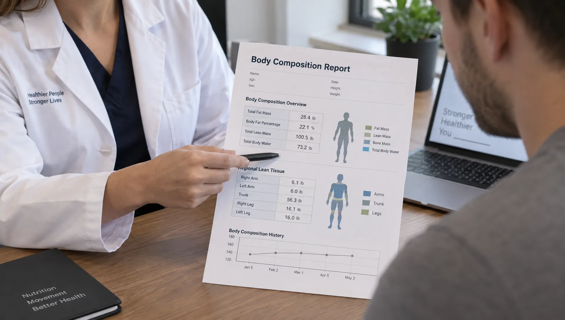 A practitioner points to total fat mass, body fat percentage, and regional lean tissue figures on a printed body composition report during a seated consultation.