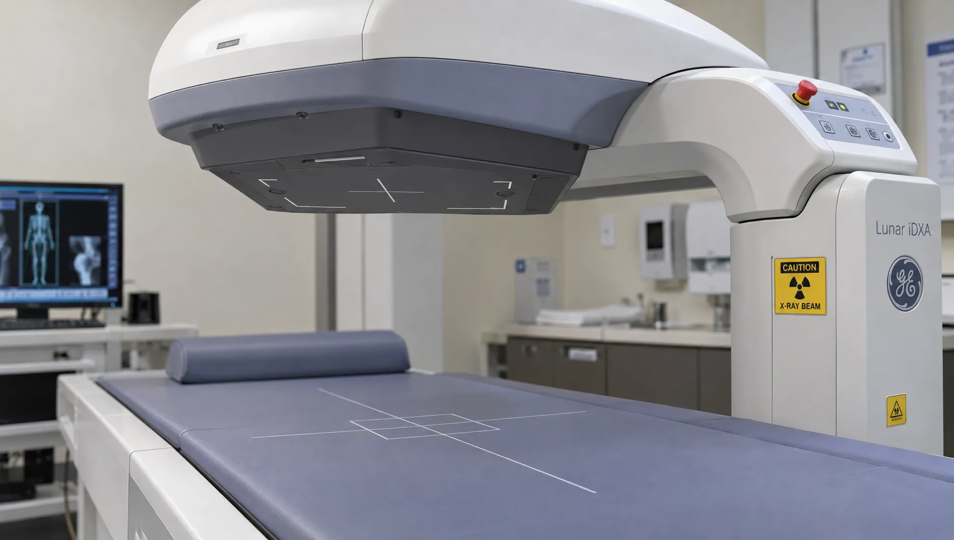 Landscape tight close-up at table height of the DEXA scanner's articulated arm and X-ray detector positioned above the padded scan table, with alignment marks and equipment controls visible in their working clinic setting. The machine components dominate the frame, with the table extending into the background.