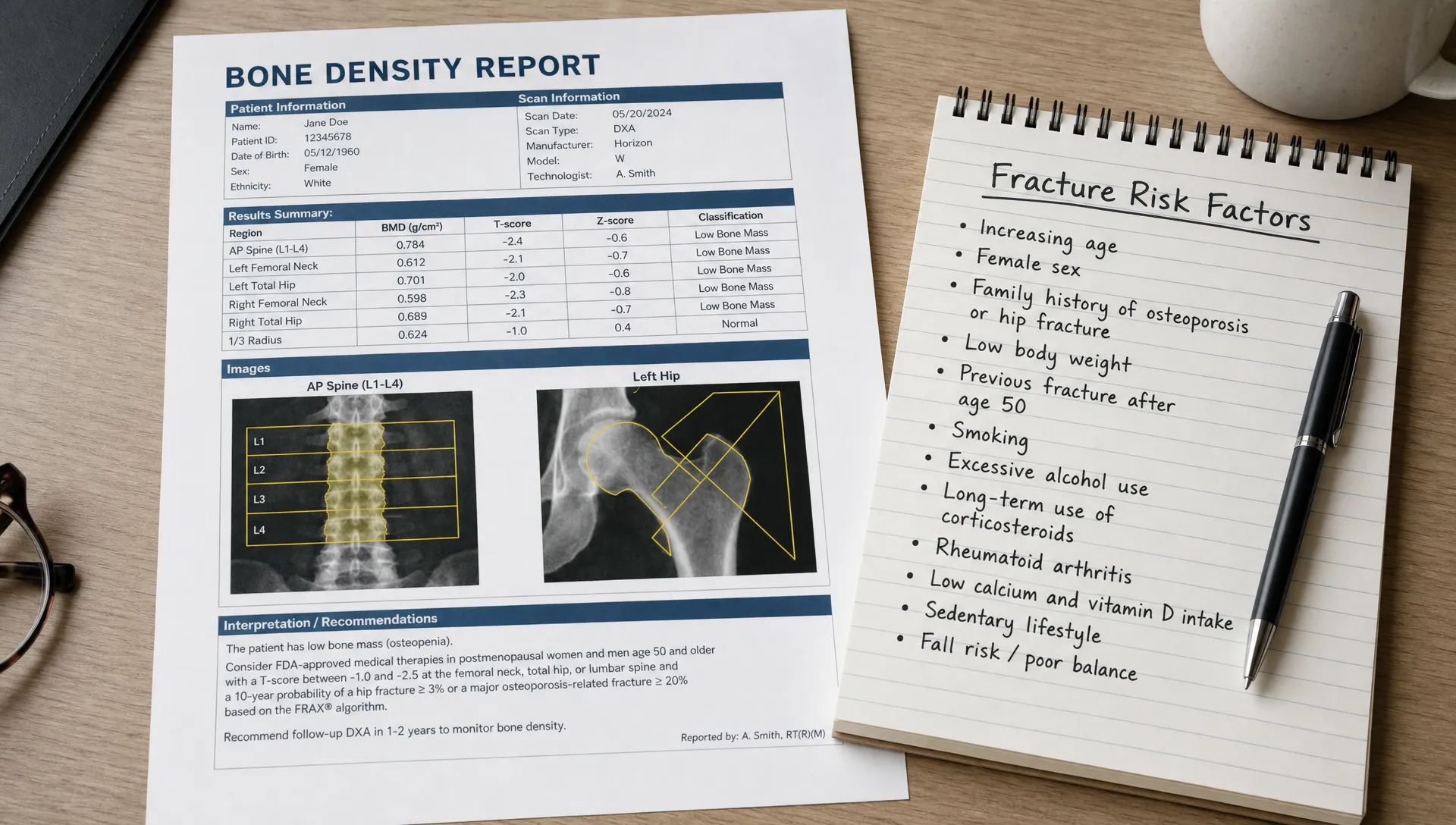 A bone density report sits beside a notepad listing fracture risk factors, with highlighted hip and spine areas on the page.