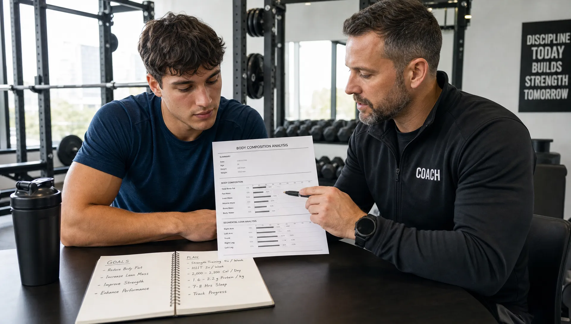 An athlete and a coach review a printed body composition report beside gym equipment, with notes about fat mass, lean mass, and training goals on the table.