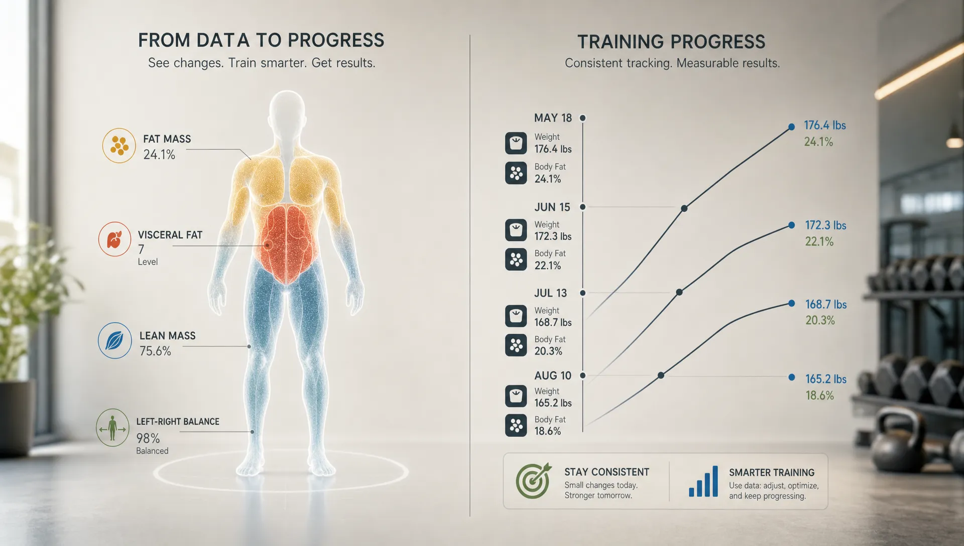 A split conceptual scene centered on a training progress timeline: on one side, a clean body composition silhouette with labeled regions for fat mass, lean mass, visceral fat, and left-right balance; on the other side, a simple upward training log with measured checkpoints and subtle line markers showing change over time. No people in frame. The composition should feel like turning scan data into smarter training decisions, with the measurement concept as the clear hero element in a spacious neutral background.