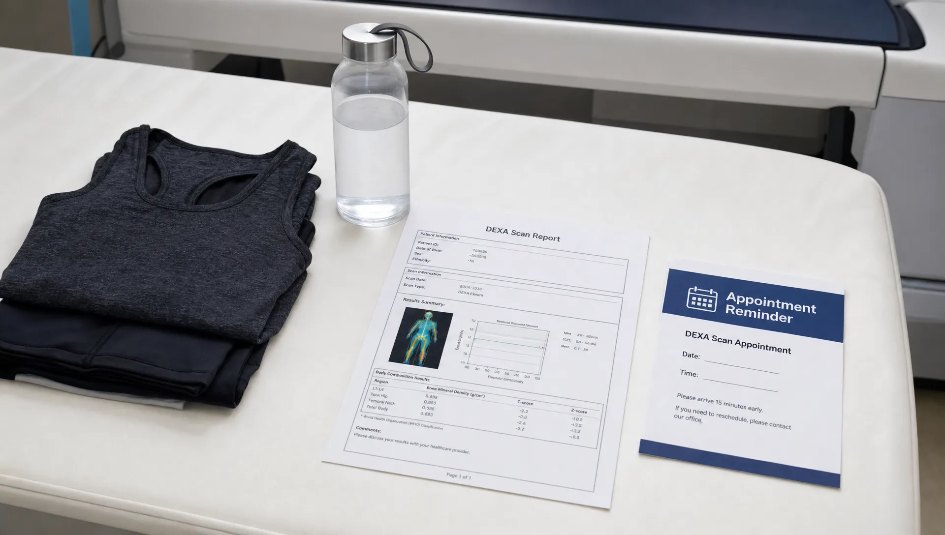 A folded set of metal-free workout clothes, a water bottle, a prior scan report, and an appointment reminder are laid out before a DEXA scan.