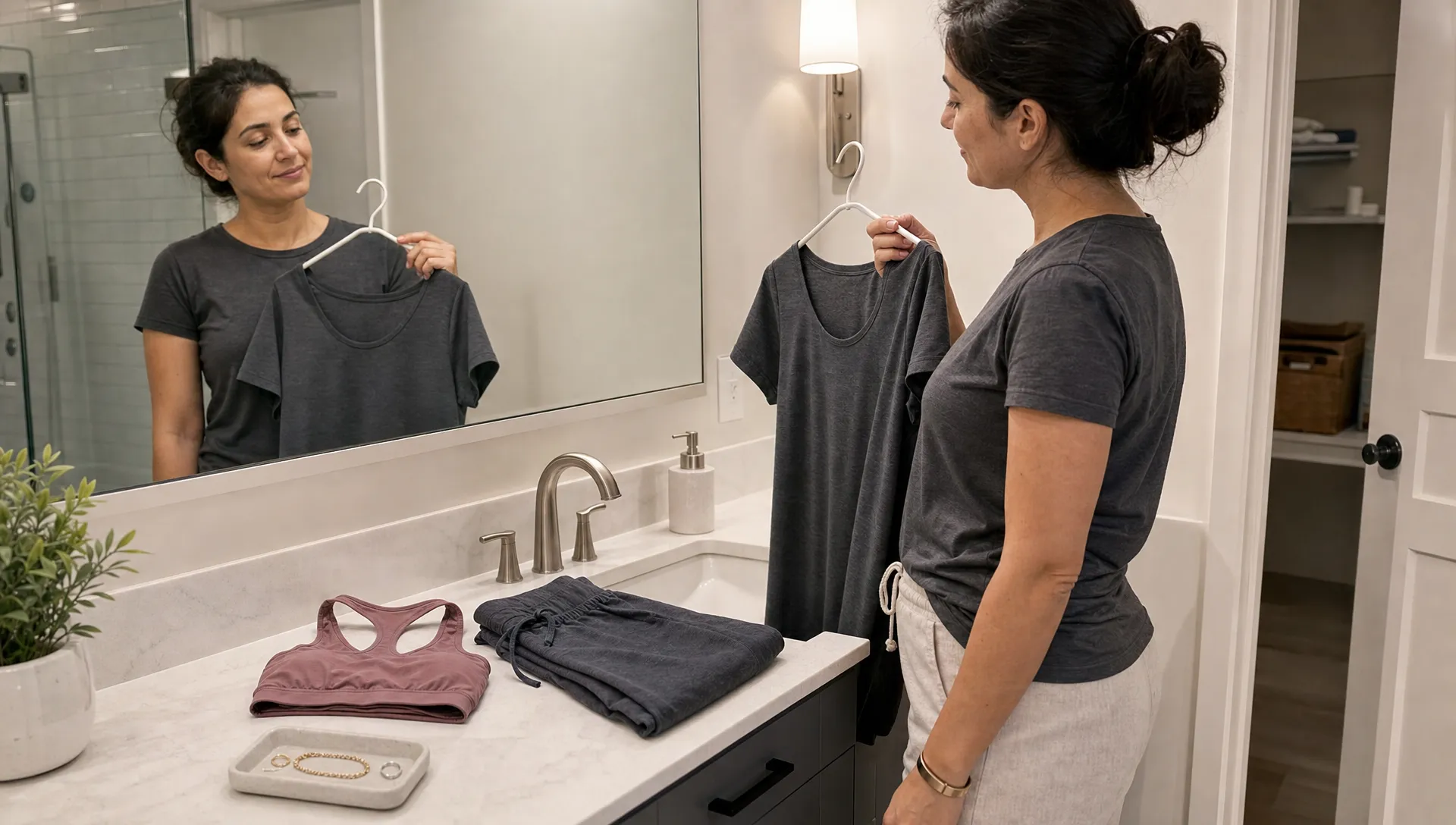 Landscape medium scene in a home bathroom where an adult stands at the mirror choosing scan-ready clothing from a hanger, with a folded sports bra, joggers, and a jewelry tray on the counter; the moment feels like ordinary preparation the evening before a DEXA scan. Same neutral medical look as the website’s other images.