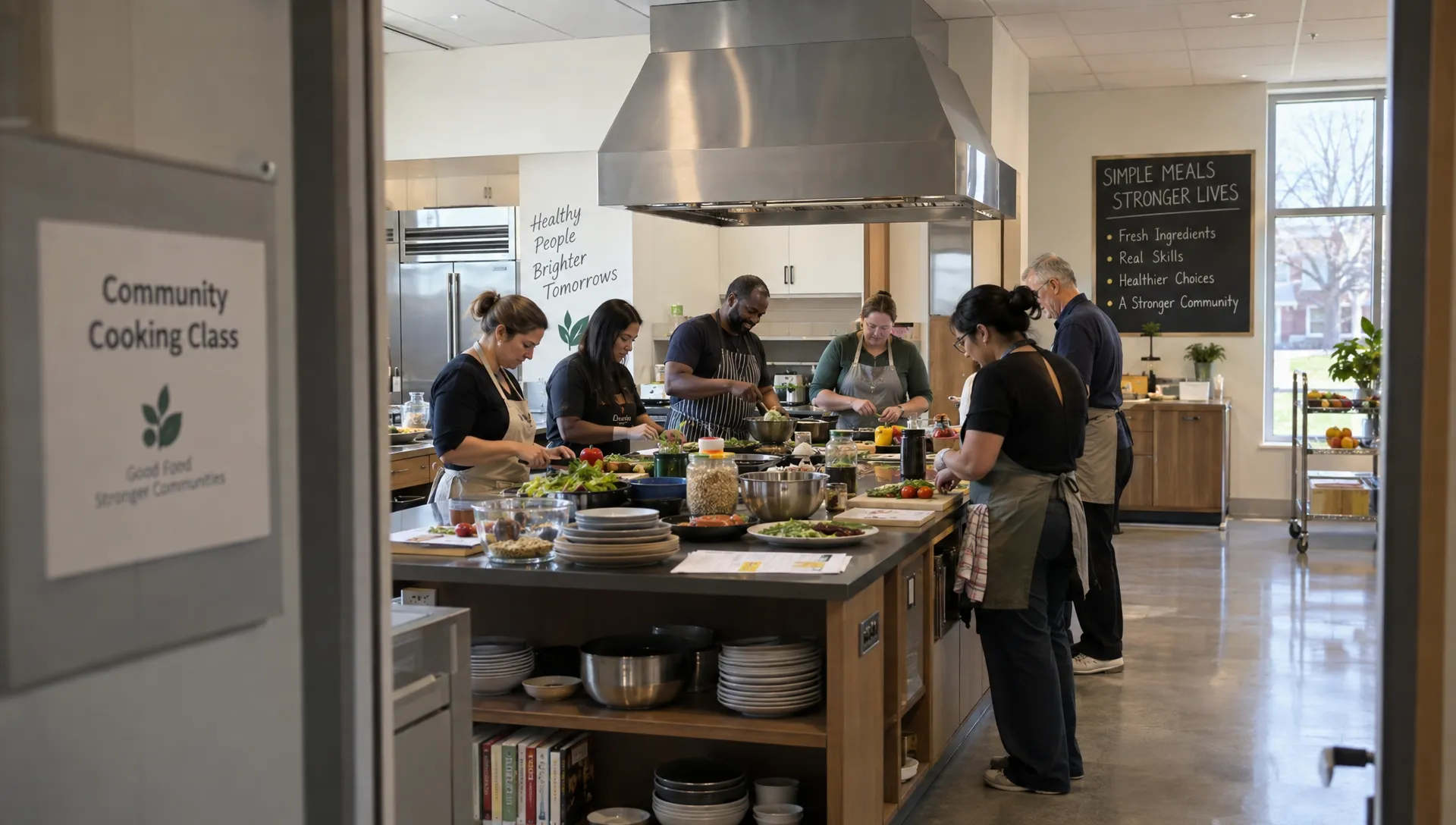 Landscape wide view from the doorway into a community cooking classroom during a nutrition workshop. An instructor and several adults prepare simple meals at a long kitchen island, with bowls of grains, beans, produce, and plates spread across the work area; the room layout and shared activity are prominent.
