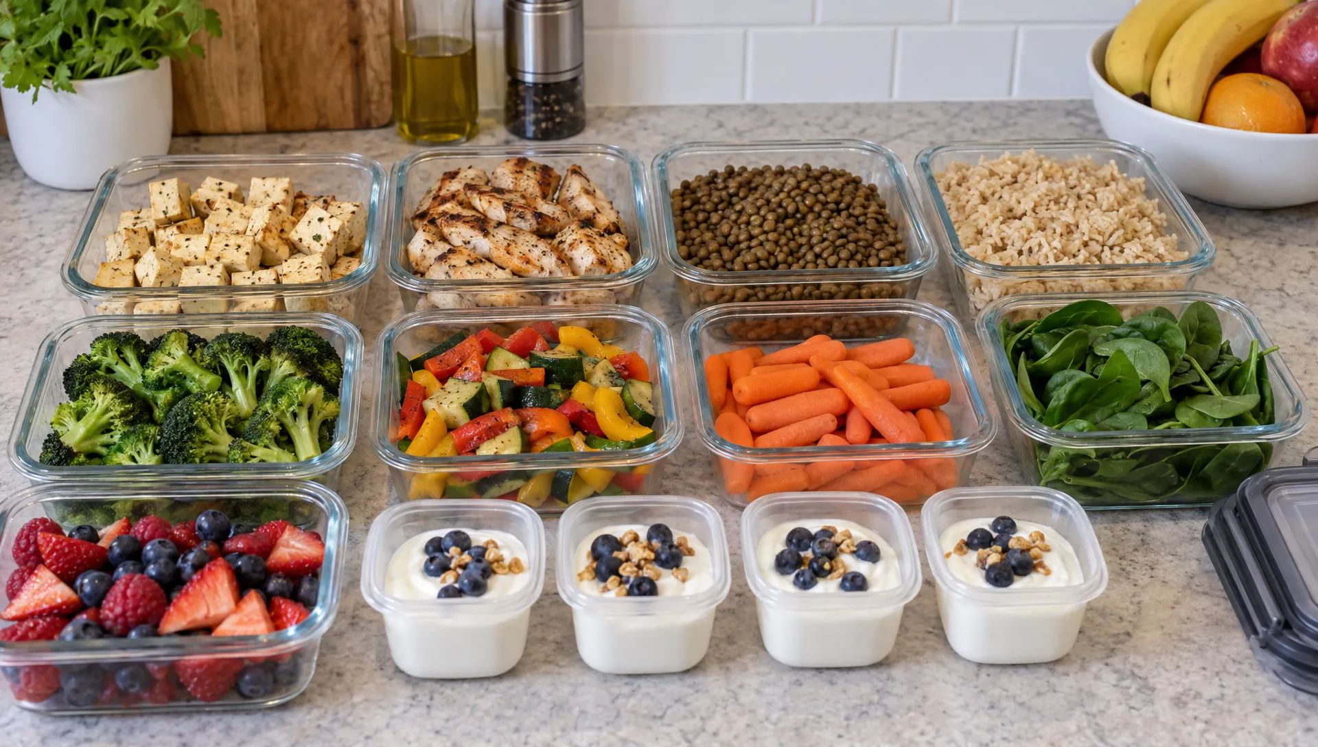 Tofu, chicken, lentils, brown rice, vegetables, fruit and yogurt are portioned into separate containers on a kitchen counter for meal planning.