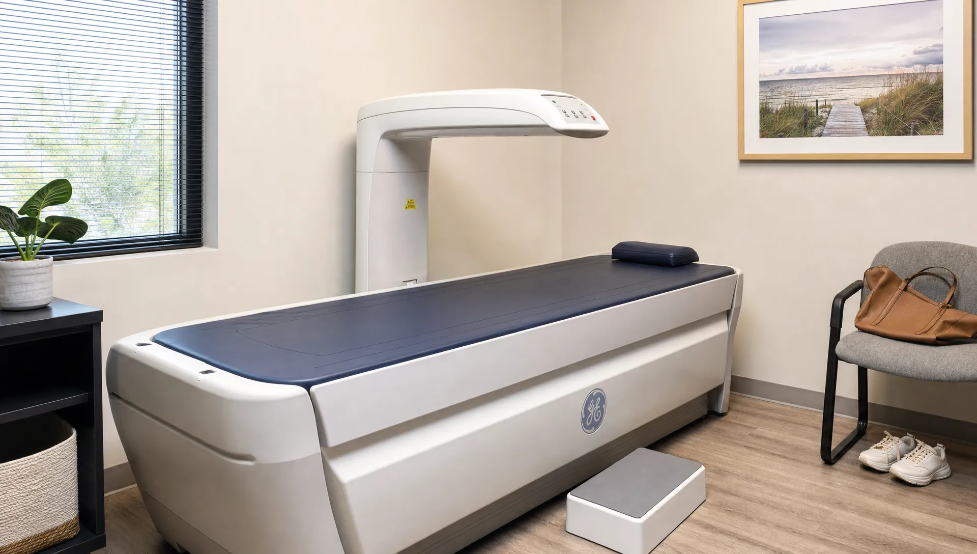 A DEXA scan room with a padded table, overhead scanner arm and neatly placed personal items.