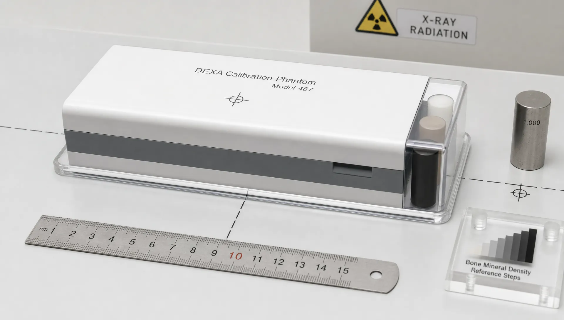 Landscape close-up of a compact DEXA calibration phantom on a clean clinical surface, with alignment markings, a ruler, and a few subtle measurement indicators arranged around it. The device should be the hero element, evoking radiation dose checks, scanner accuracy, and safe operation without showing a full room.
