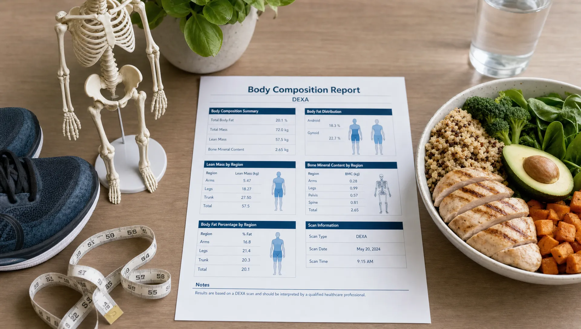 A clean indoor still life with a DEXA-style body composition report, a small model skeleton, running shoes, a measuring tape, and a bowl of balanced foods arranged on a table, representing the connection between muscle, fat, nutrition, and bone health.