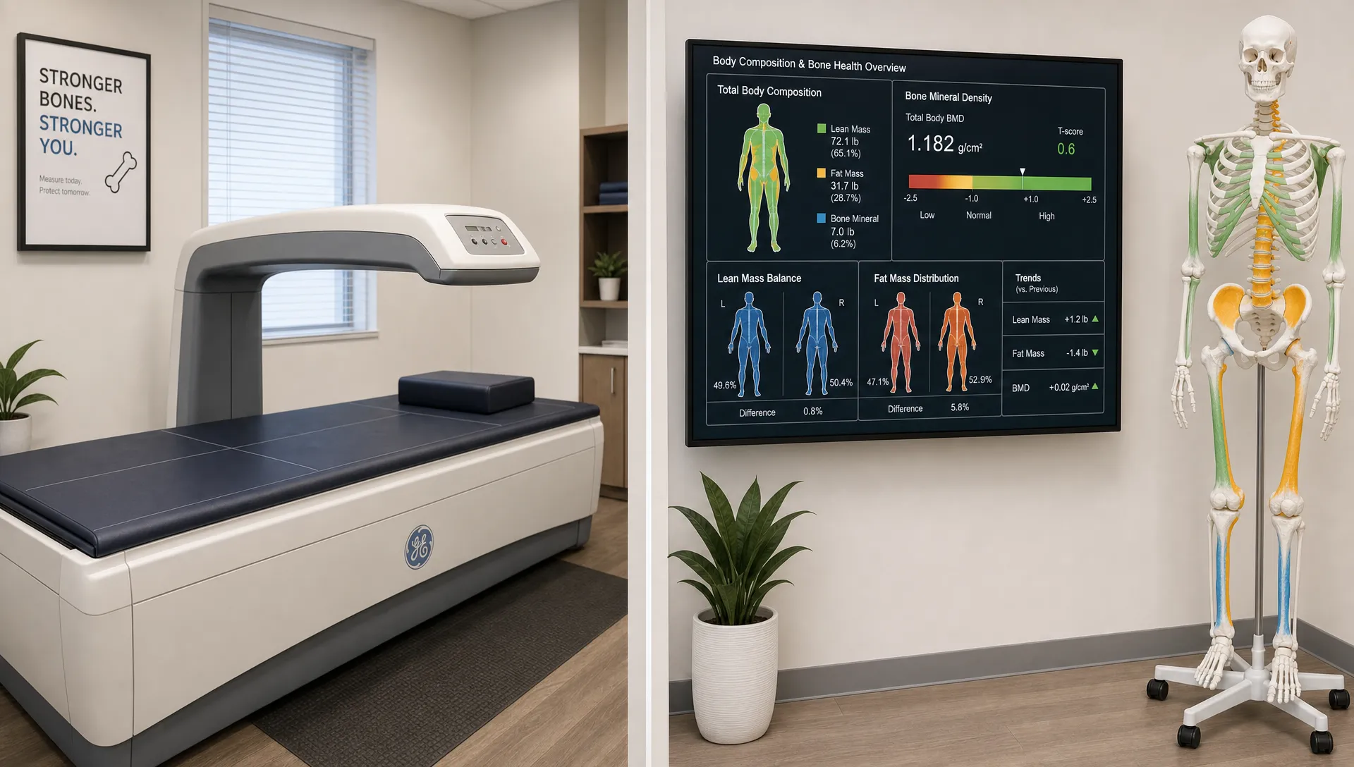 A split-view indoor clinic scene that shows the connection between body composition and bone health without using a desk or report layout: on one side, a DEXA scanner table and scanner arm in a clean examination room; on the other, a simple standing anatomical model with highlighted bone areas and body composition markers displayed on a wall monitor facing the camera. No people in frame. The composition should feel clinical, informative, and clearly about measuring muscle, fat, asymmetry, and bone density together.